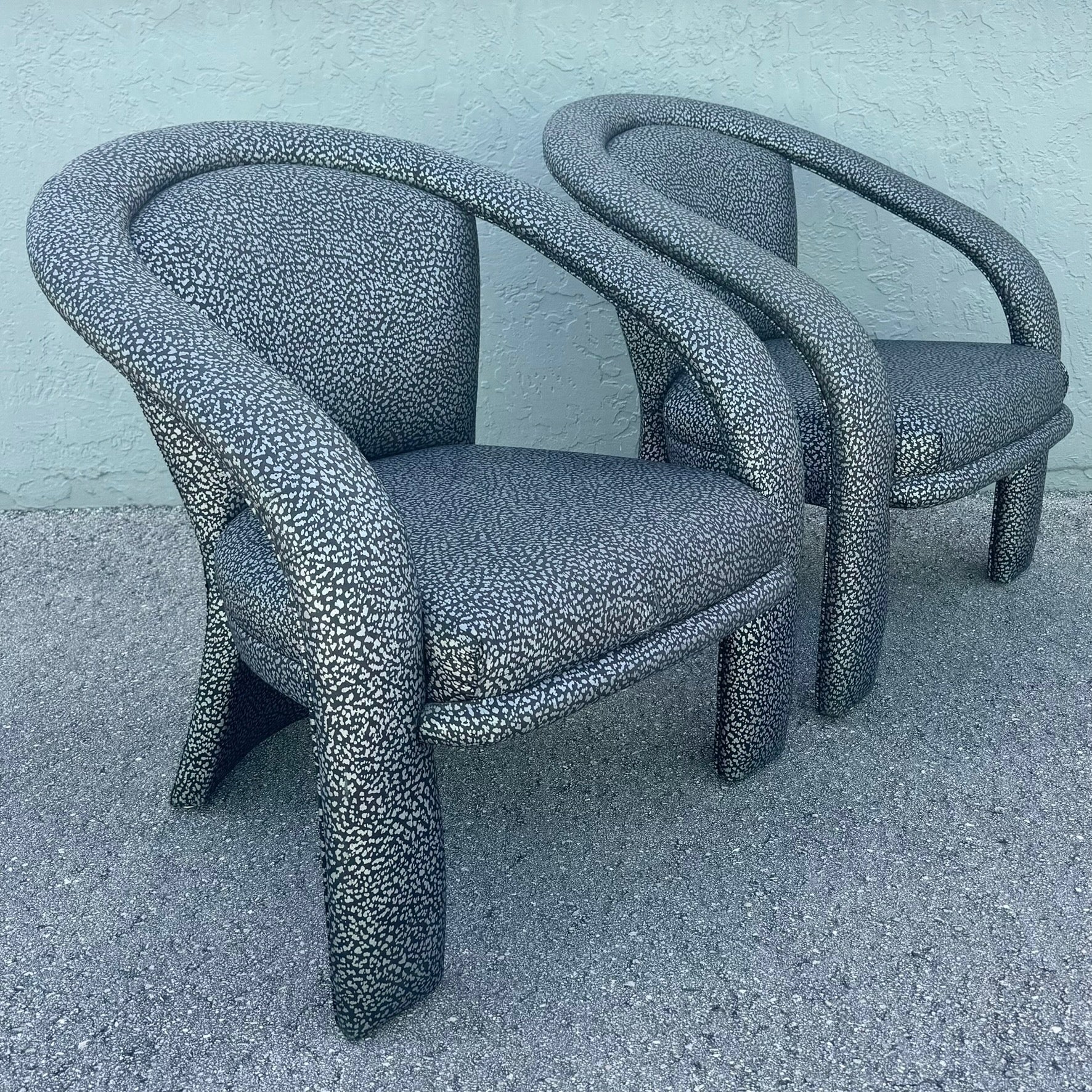 Postmodern Silver and Black Leopard Print Lounge Chairs - A Pair Dolphin & Flamingo