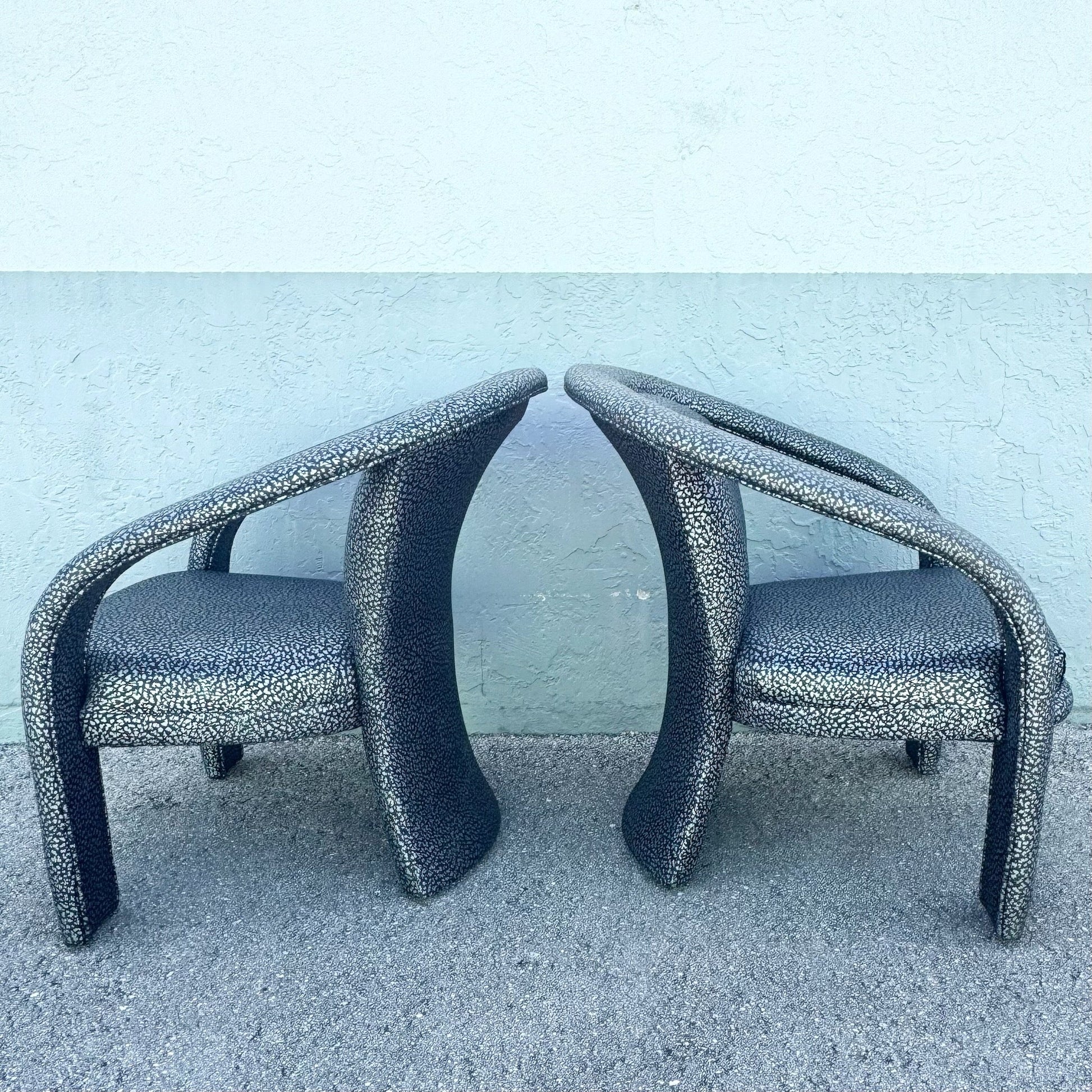 Postmodern Silver and Black Leopard Print Lounge Chairs - A Pair Dolphin & Flamingo