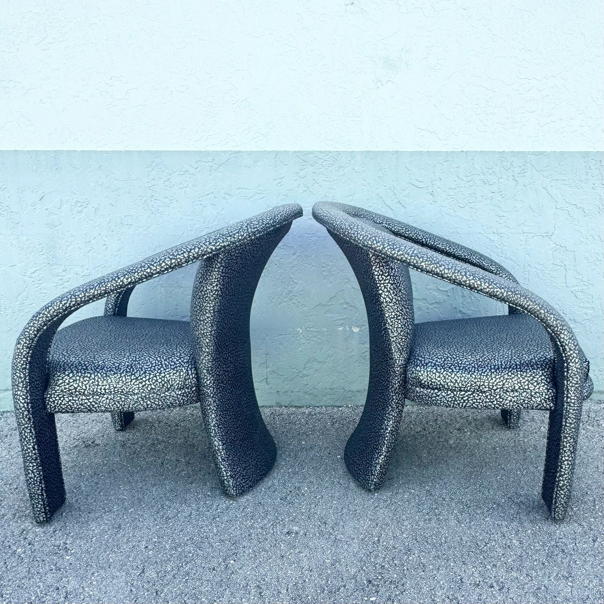 Postmodern Silver and Black Leopard Print Lounge Chairs - A Pair Dolphin & Flamingo