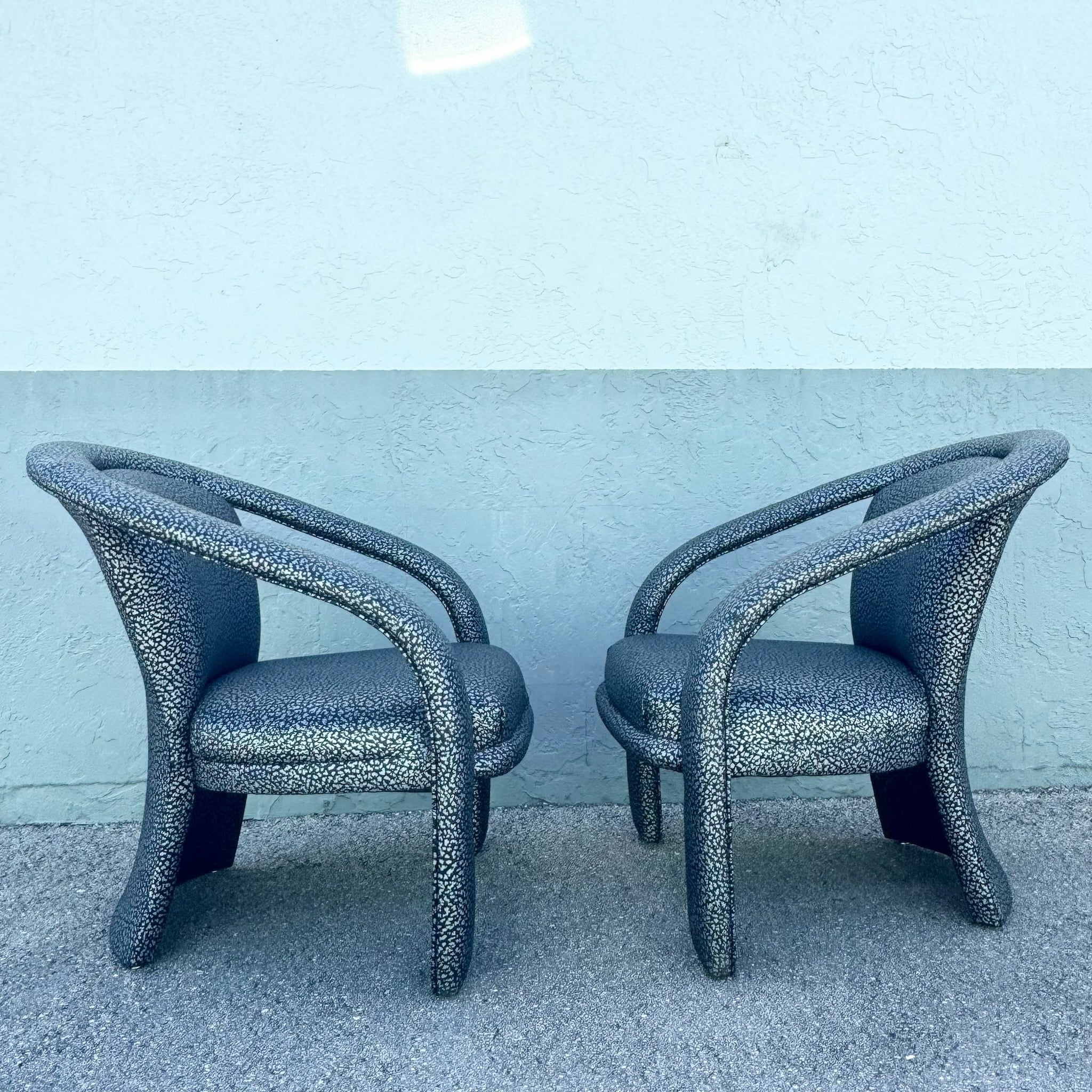 Postmodern Silver and Black Leopard Print Lounge Chairs - A Pair Dolphin & Flamingo