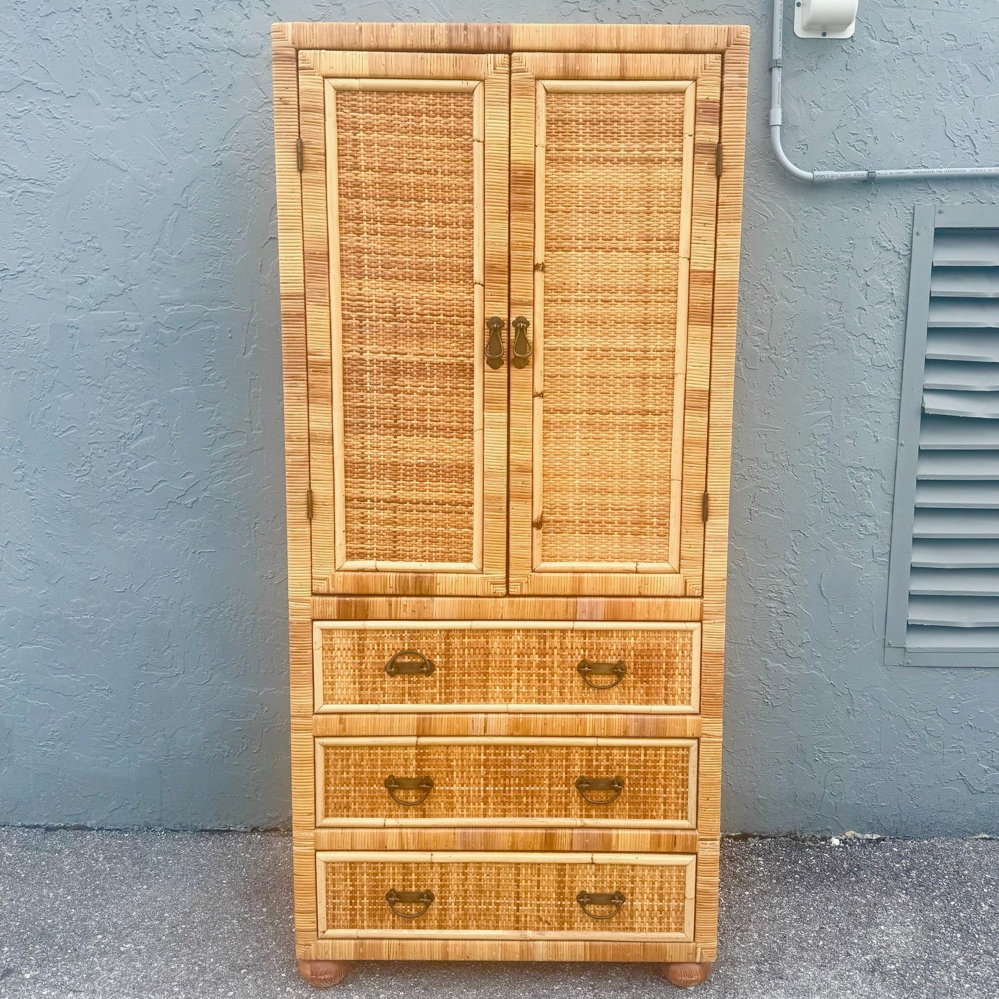 Boho Chic Wicker Wrapped Rattan Armoire Dolphin & Flamingo