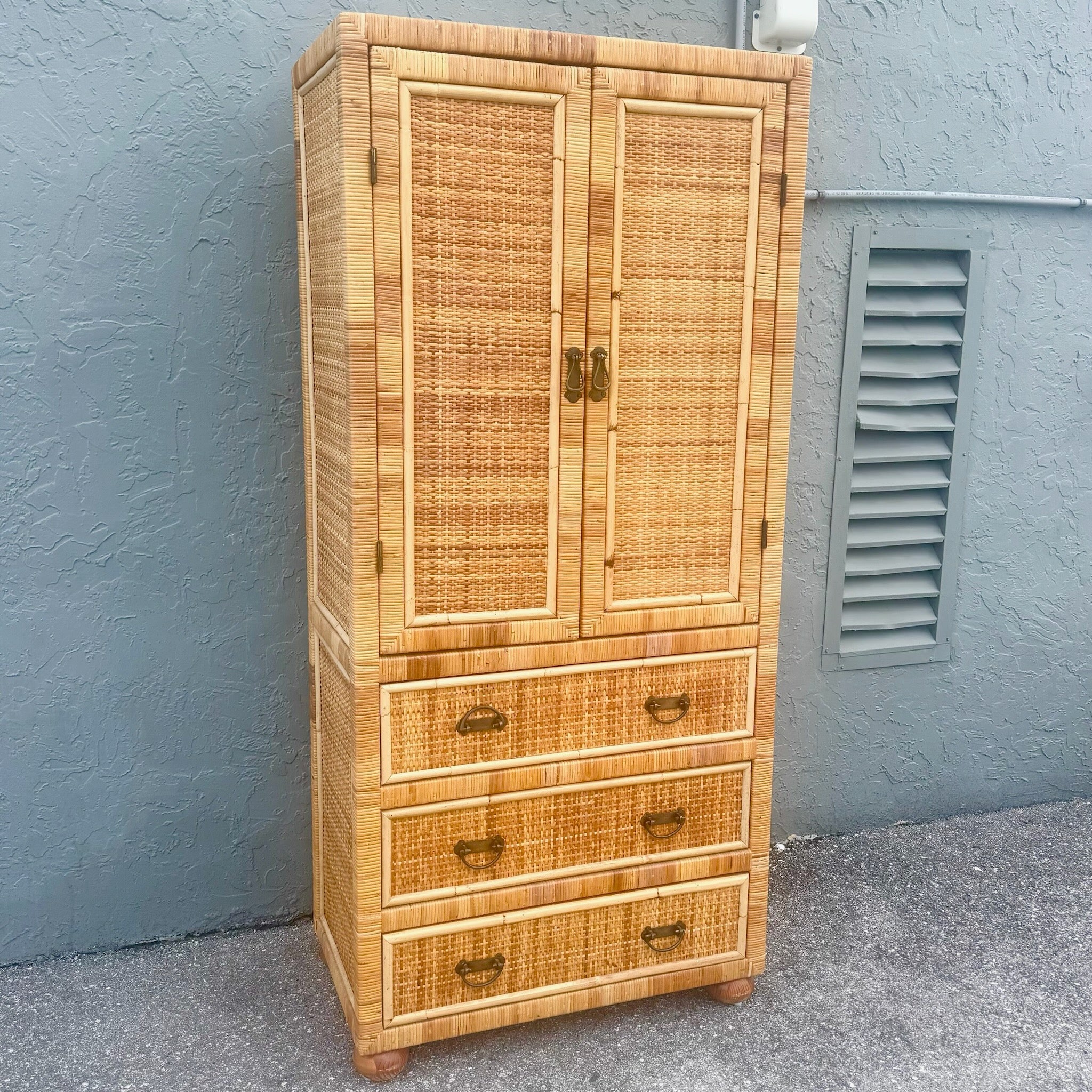 Boho Chic Wicker Wrapped Rattan Armoire Dolphin & Flamingo