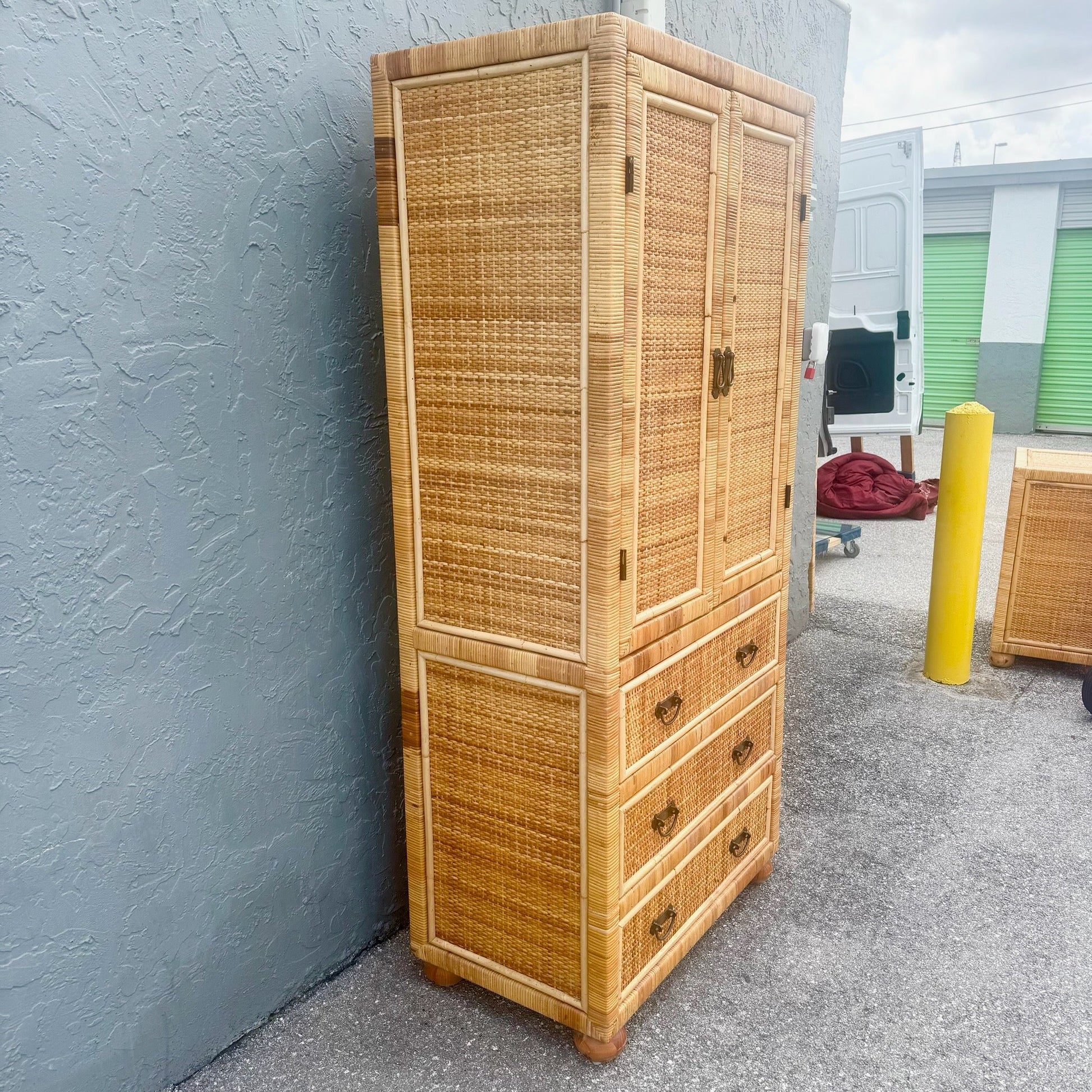 Boho Chic Wicker Wrapped Rattan Armoire Dolphin & Flamingo