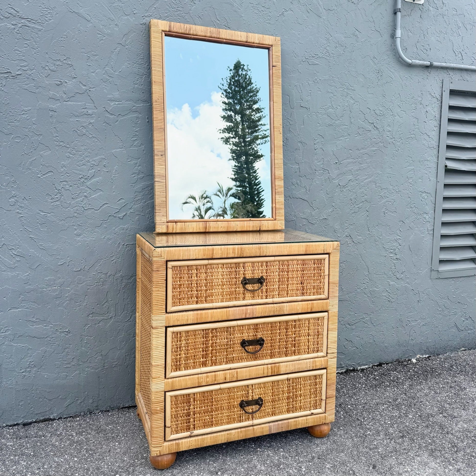 Boho Chic Wicker Wrapped Rattan Chest of Drawers With Mirror Dolphin & Flamingo