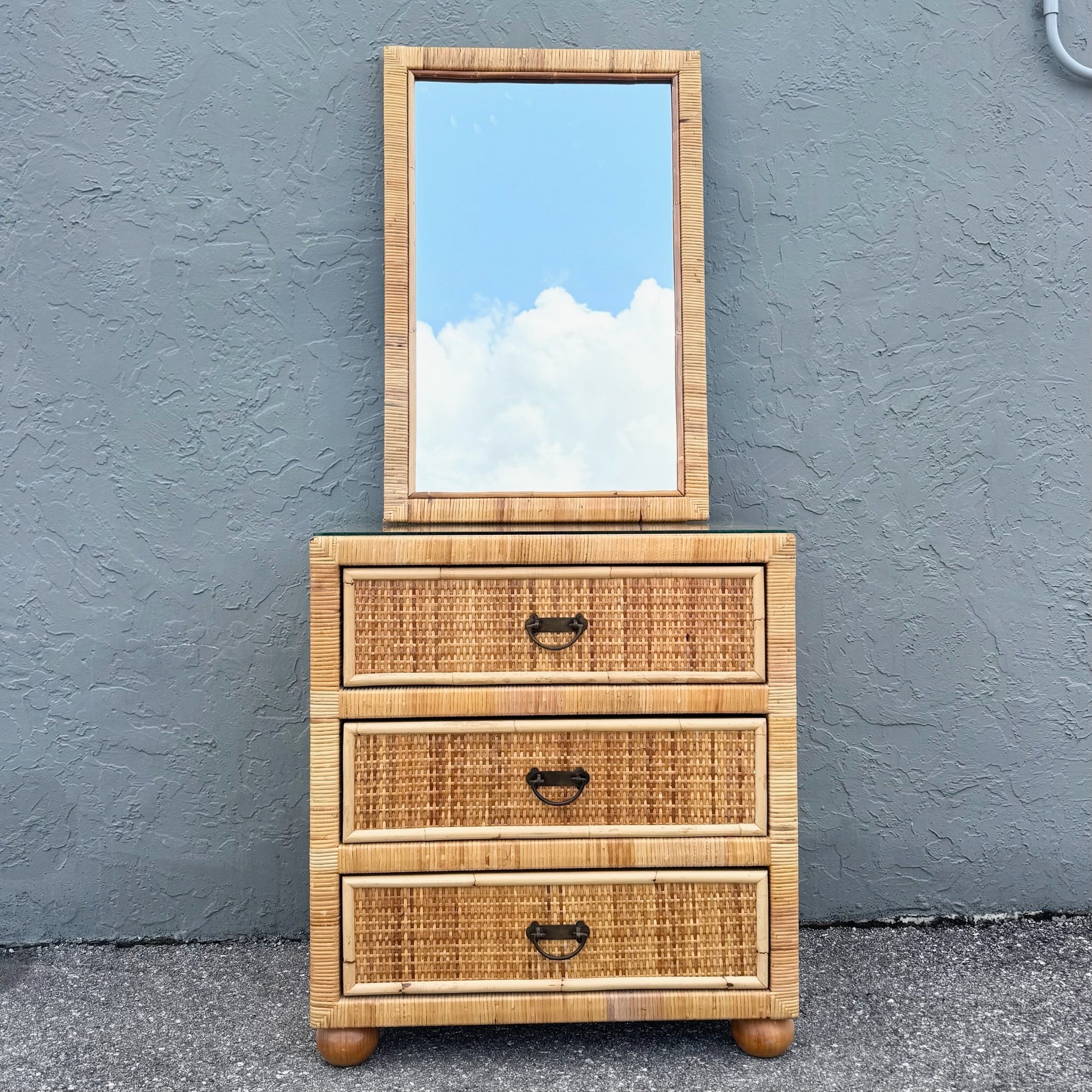 Boho Chic Wicker Wrapped Rattan Chest of Drawers With Mirror Dolphin & Flamingo