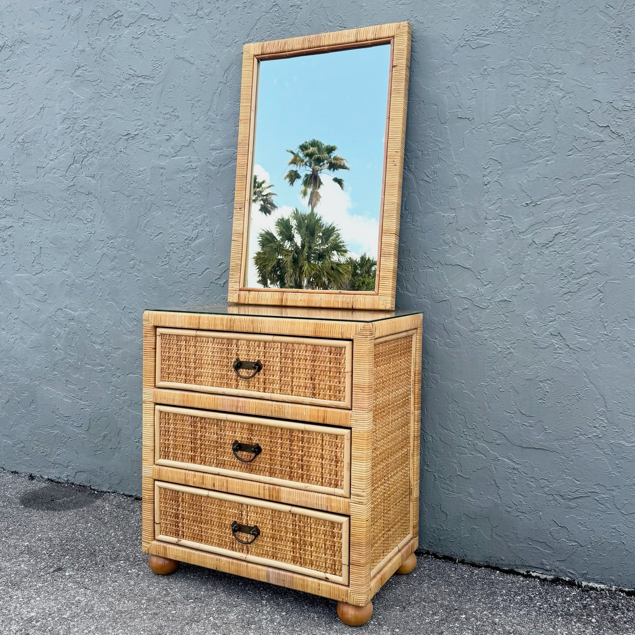 Boho Chic Wicker Wrapped Rattan Chest of Drawers With Mirror Dolphin & Flamingo