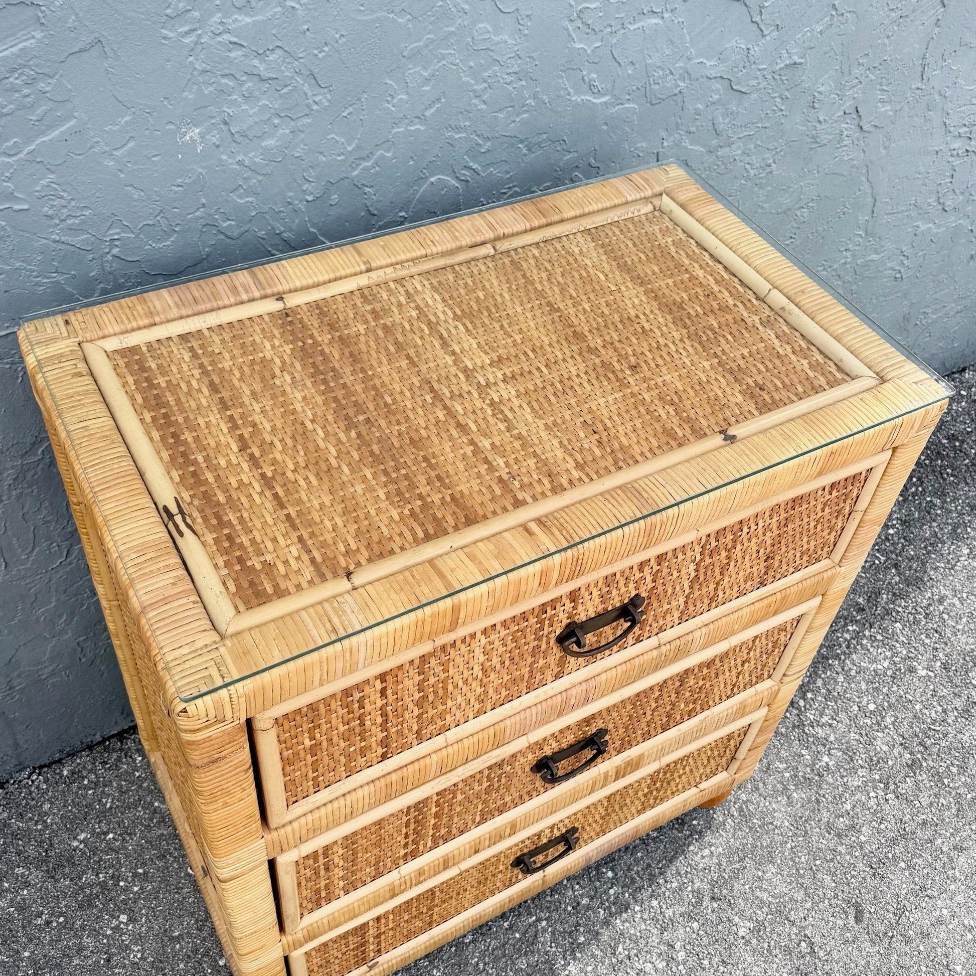 Boho Chic Wicker Wrapped Rattan Chest of Drawers With Mirror Dolphin & Flamingo