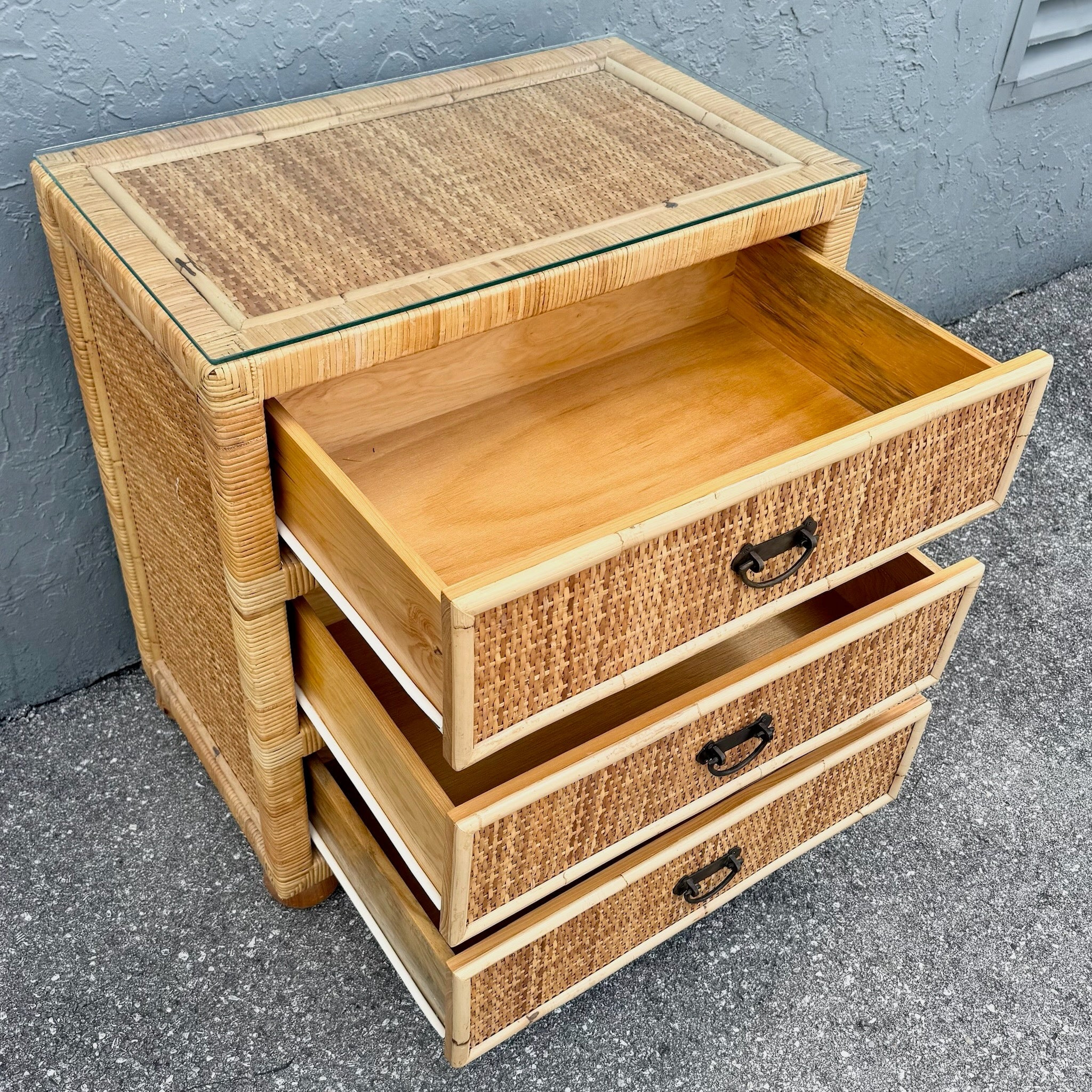 Boho Chic Wicker Wrapped Rattan Chest of Drawers With Mirror Dolphin & Flamingo