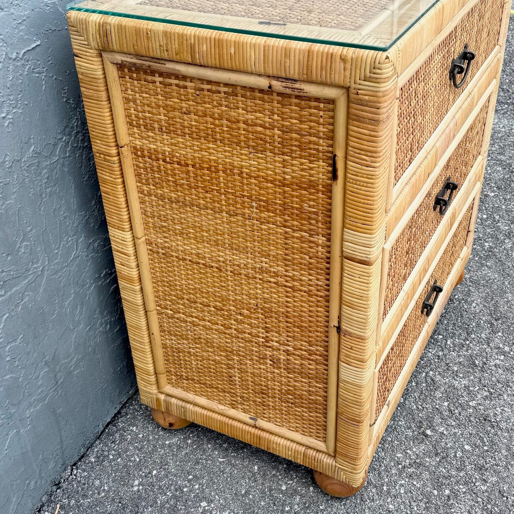 Boho Chic Wicker Wrapped Rattan Chest of Drawers With Mirror Dolphin & Flamingo