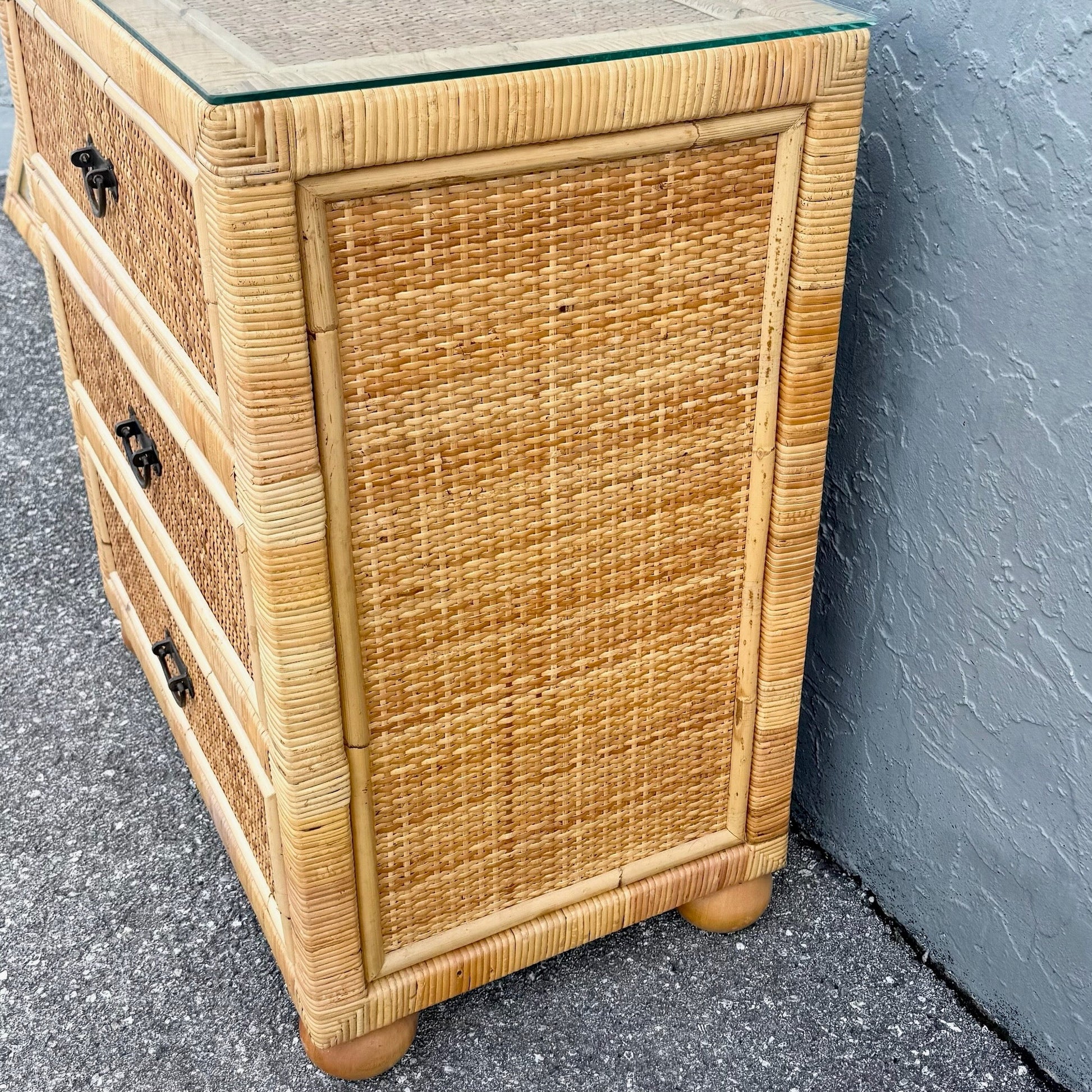 Boho Chic Wicker Wrapped Rattan Chest of Drawers With Mirror Dolphin & Flamingo