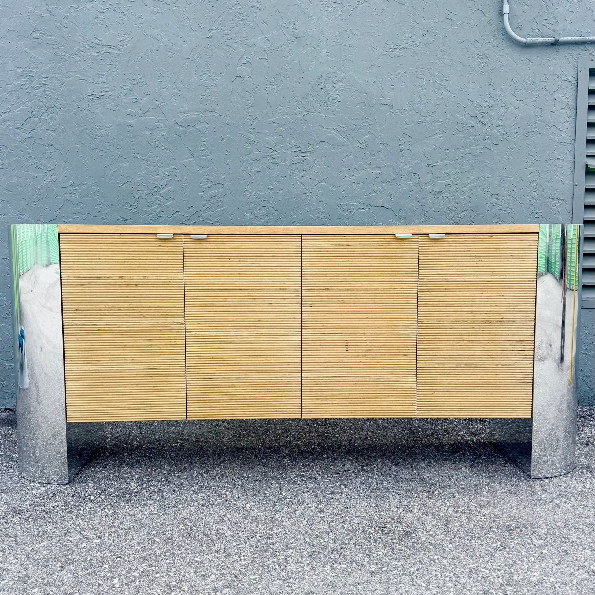 Postmodern Chrome and Ribbed Wood Credenza Dolphin & Flamingo