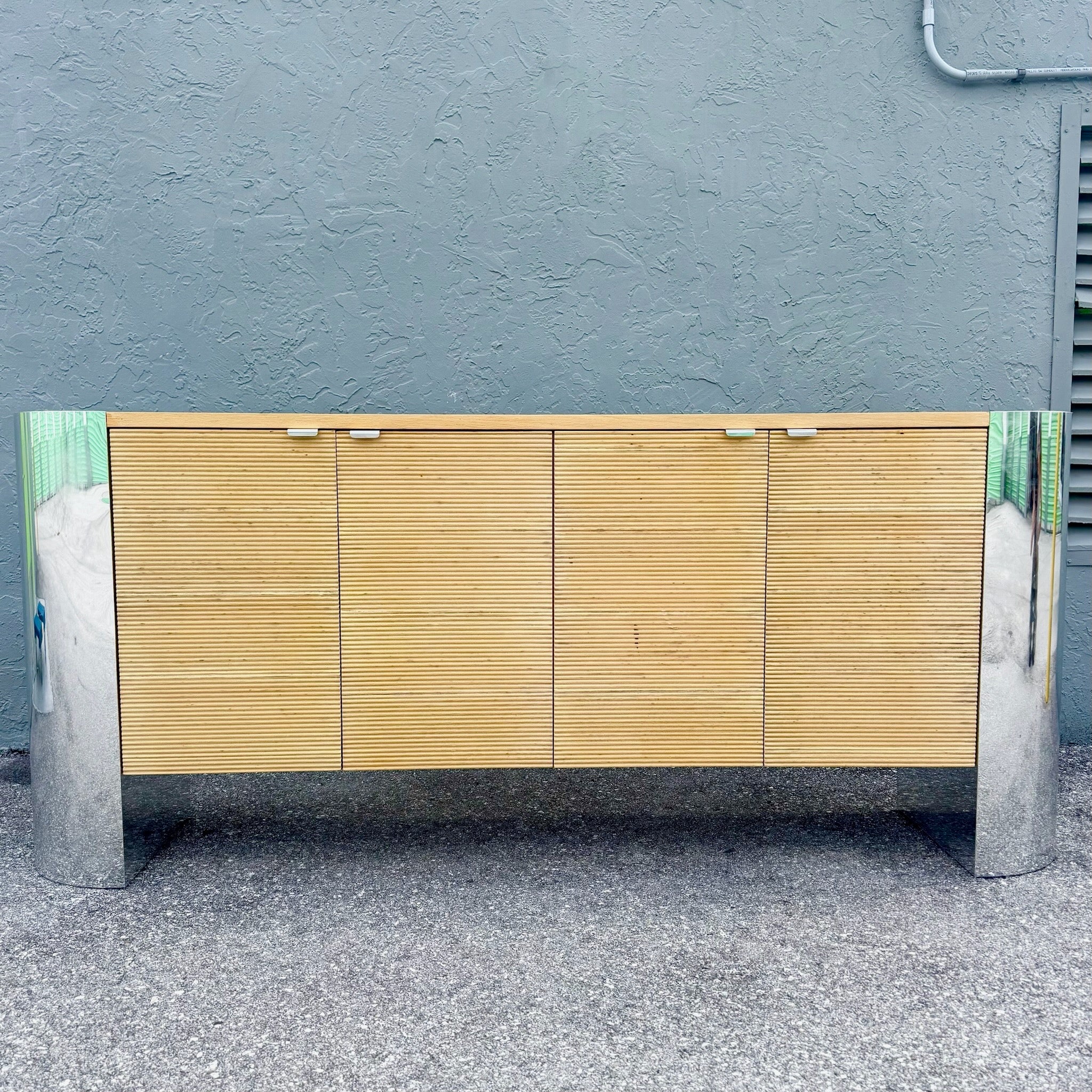 Postmodern Chrome and Ribbed Wood Credenza Dolphin & Flamingo