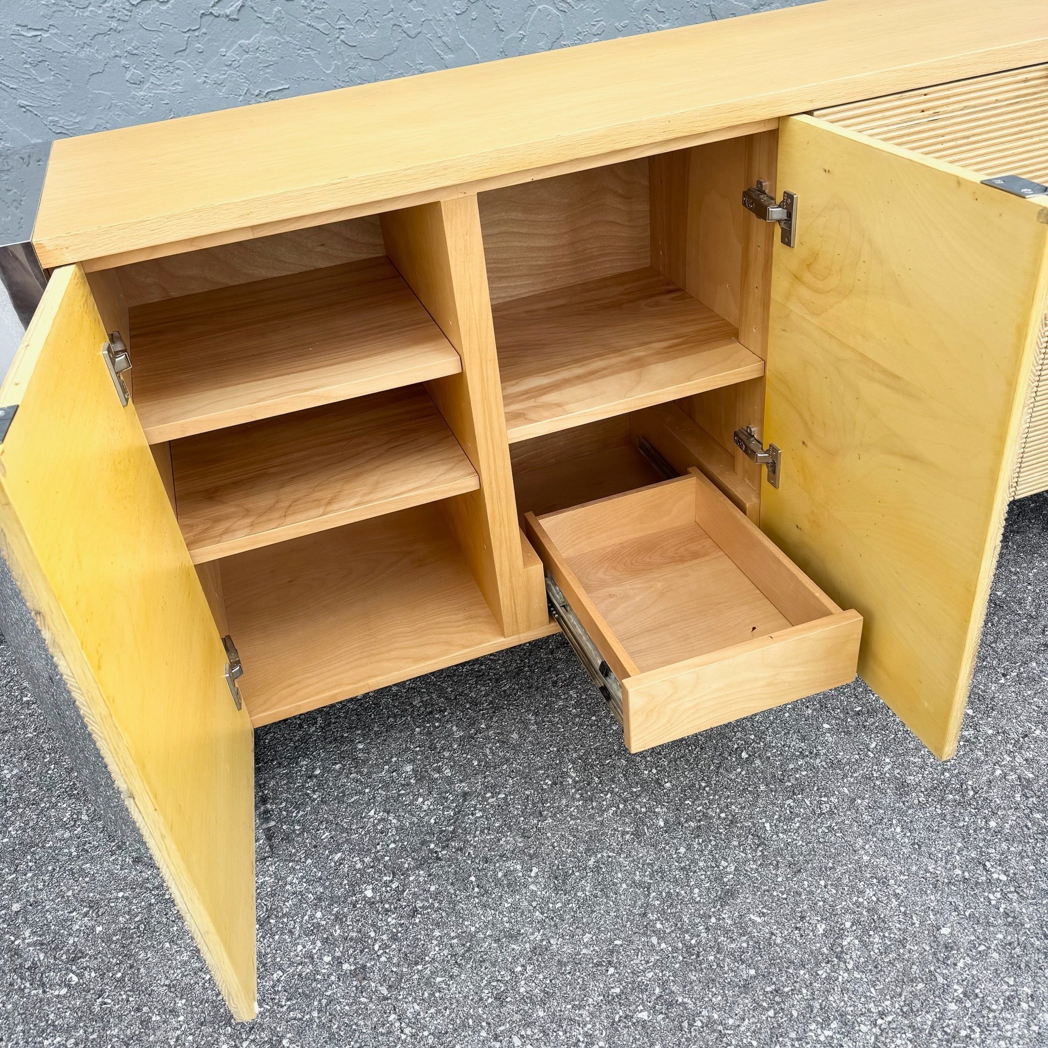Postmodern Chrome and Ribbed Wood Credenza Dolphin & Flamingo