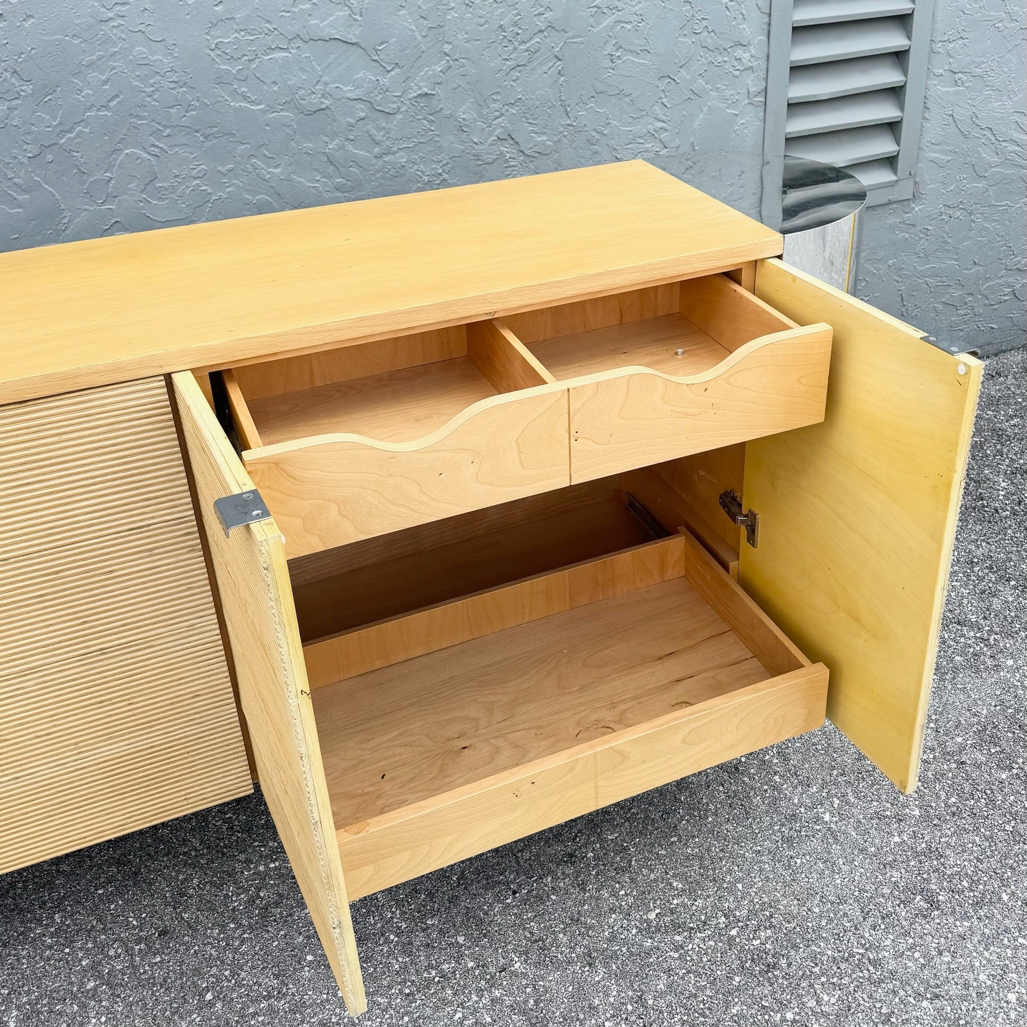 Postmodern Chrome and Ribbed Wood Credenza Dolphin & Flamingo
