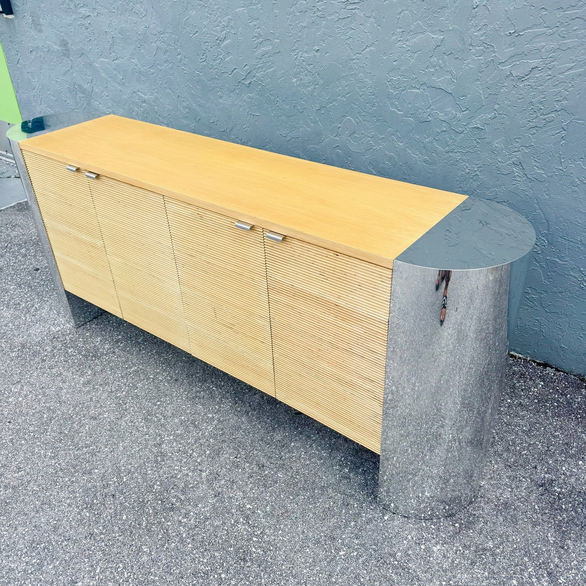 Postmodern Chrome and Ribbed Wood Credenza Dolphin & Flamingo