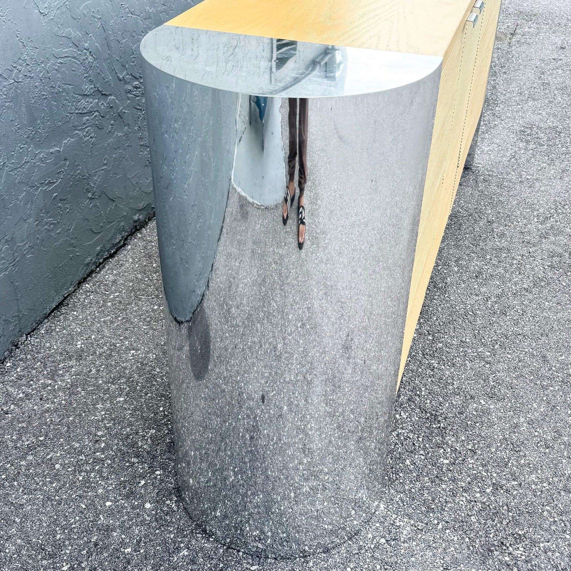 Postmodern Chrome and Ribbed Wood Credenza Dolphin & Flamingo