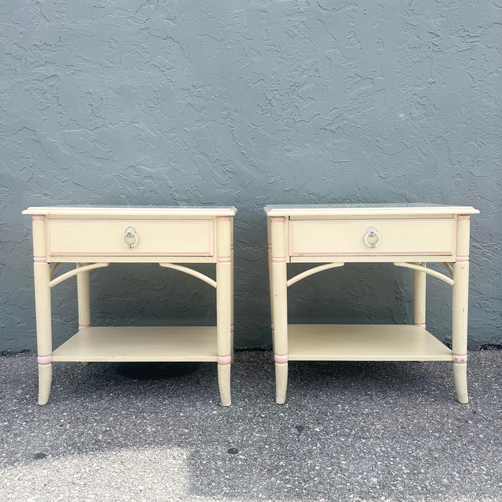 Vintage Coastal Faux Bamboo Cream and Pink Nightstands by Thomasville - A Pair Dolphin & Flamingo