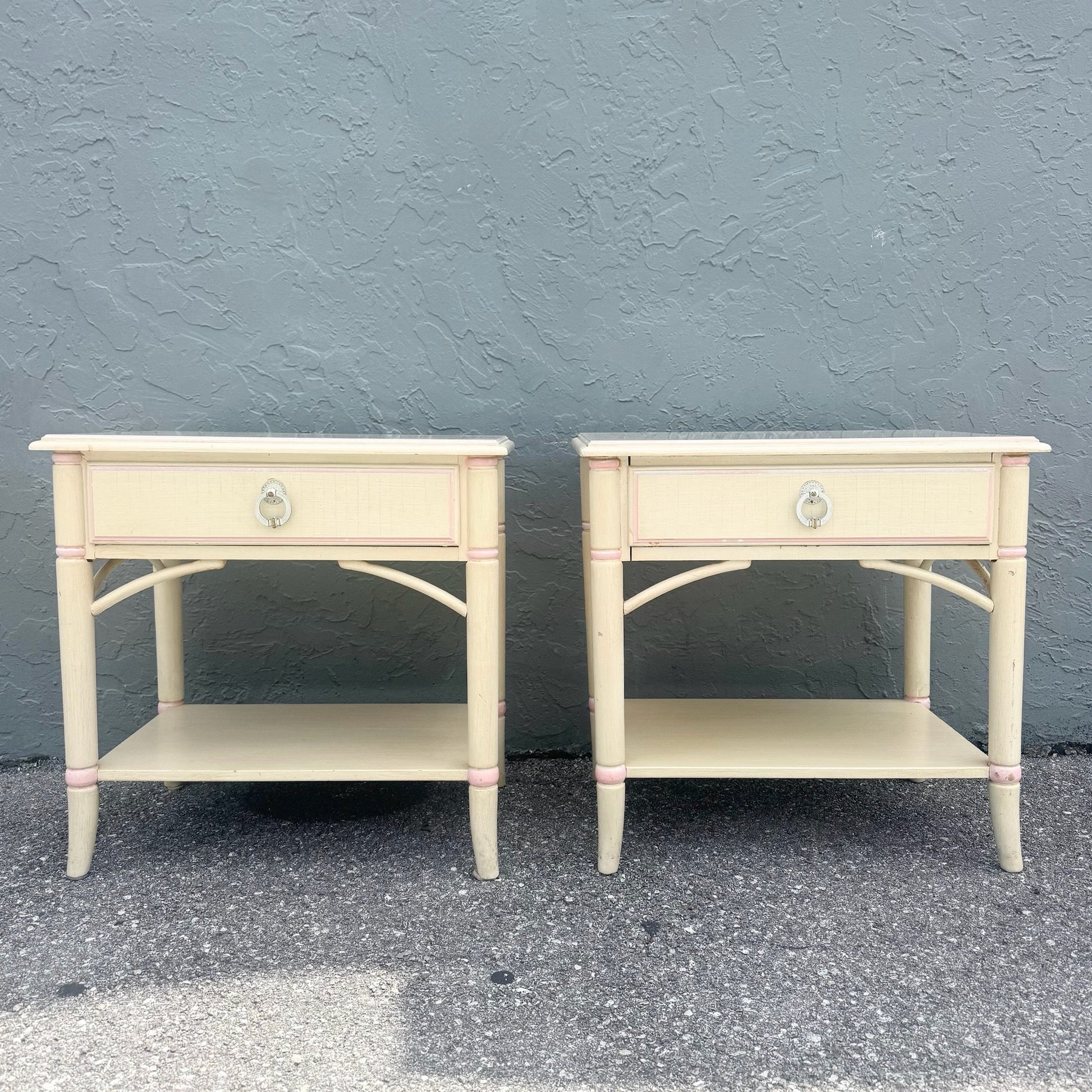 Vintage Coastal Faux Bamboo Cream and Pink Nightstands by Thomasville - A Pair Dolphin & Flamingo