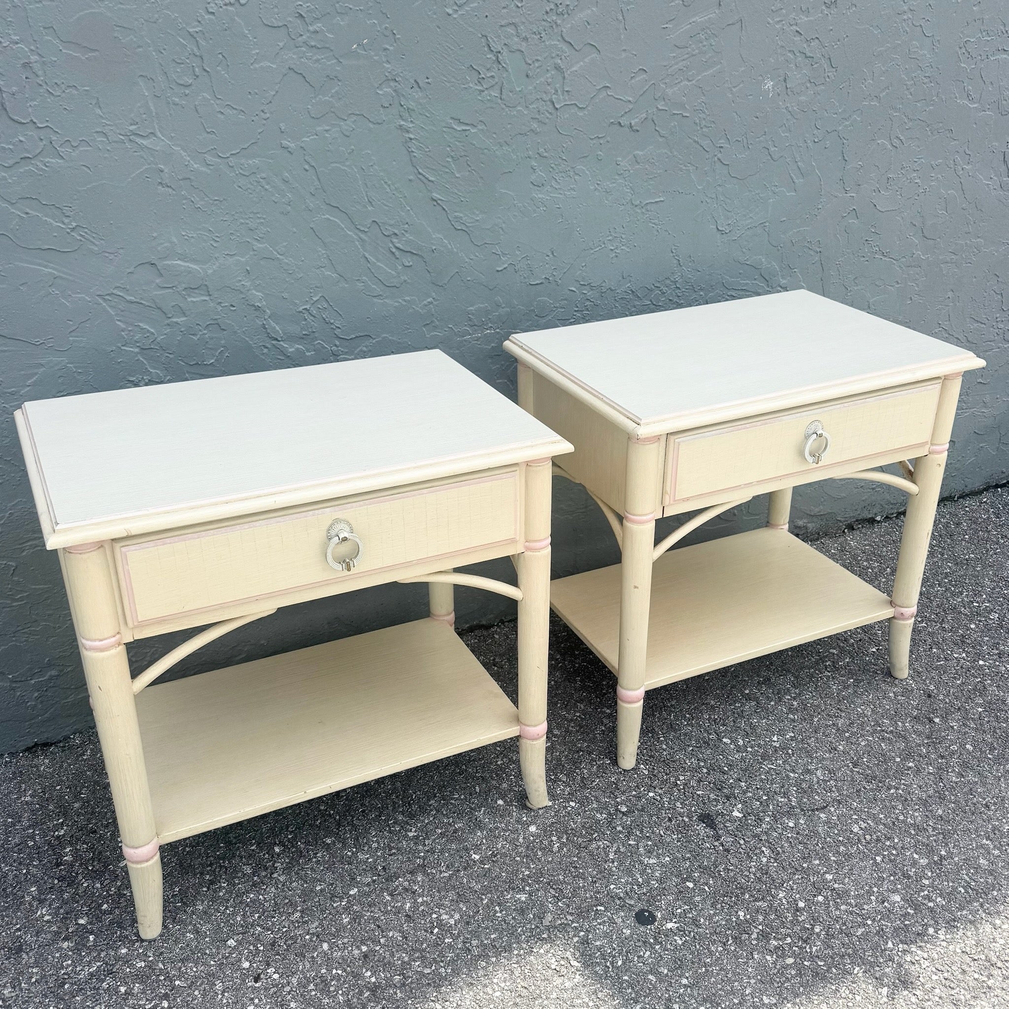 Vintage Coastal Faux Bamboo Cream and Pink Nightstands by Thomasville - A Pair Dolphin & Flamingo