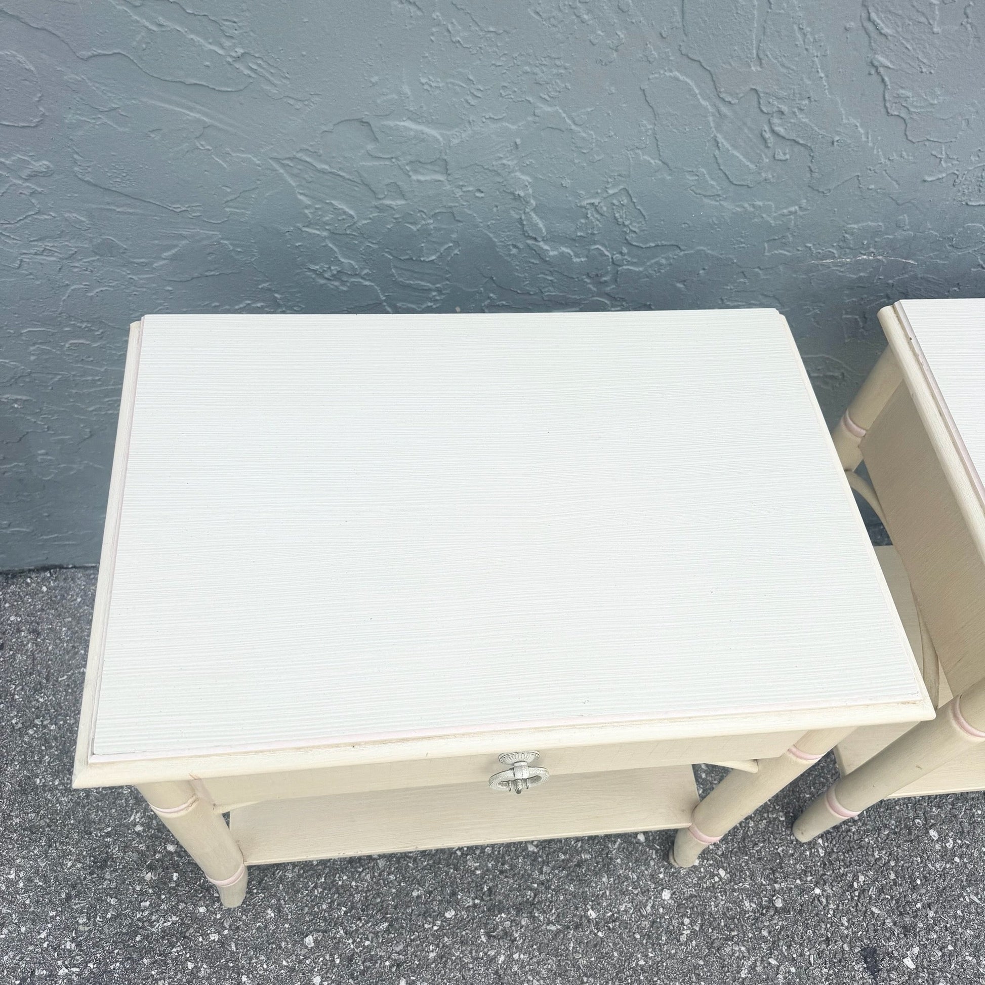 Vintage Coastal Faux Bamboo Cream and Pink Nightstands by Thomasville - A Pair Dolphin & Flamingo