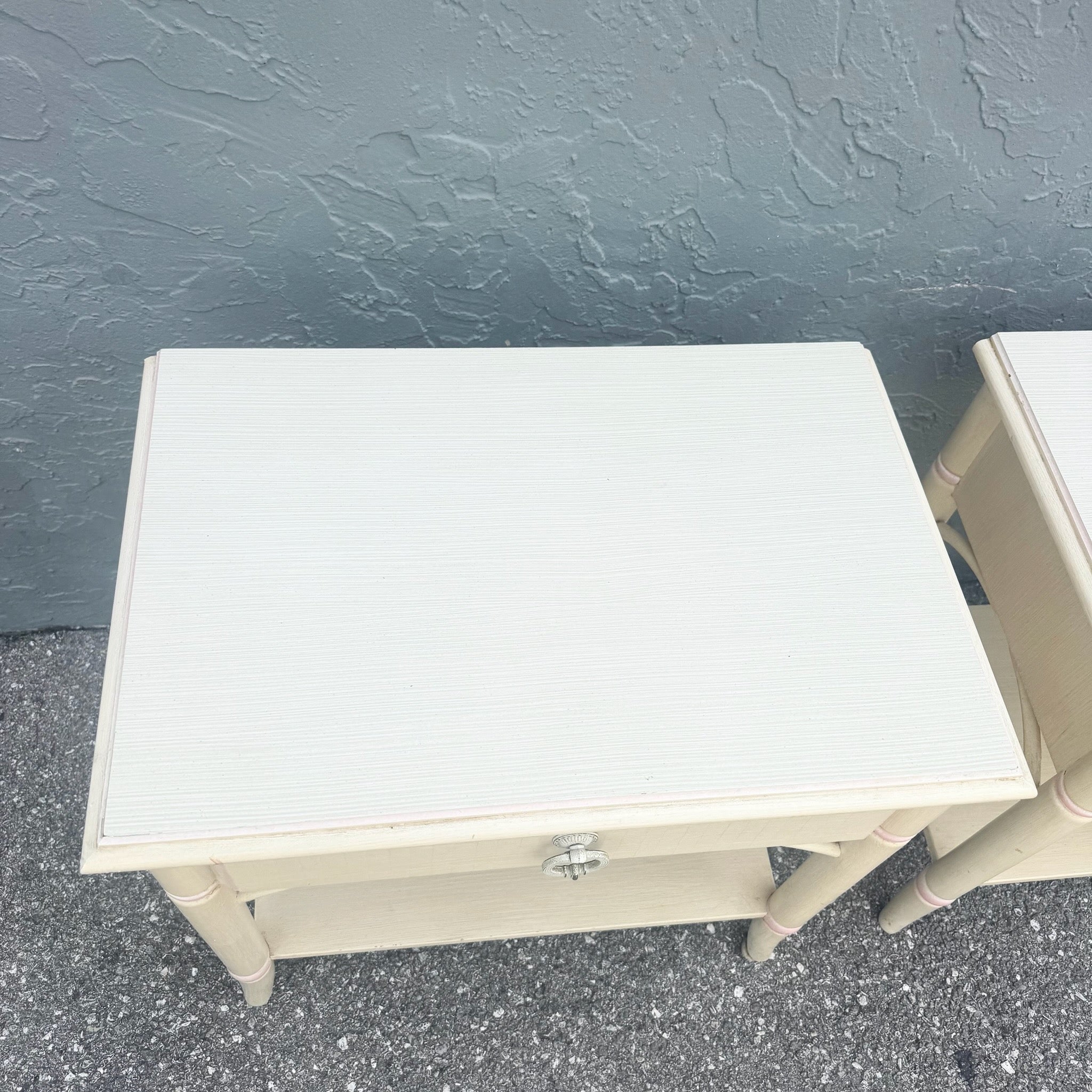 Vintage Coastal Faux Bamboo Cream and Pink Nightstands by Thomasville - A Pair Dolphin & Flamingo