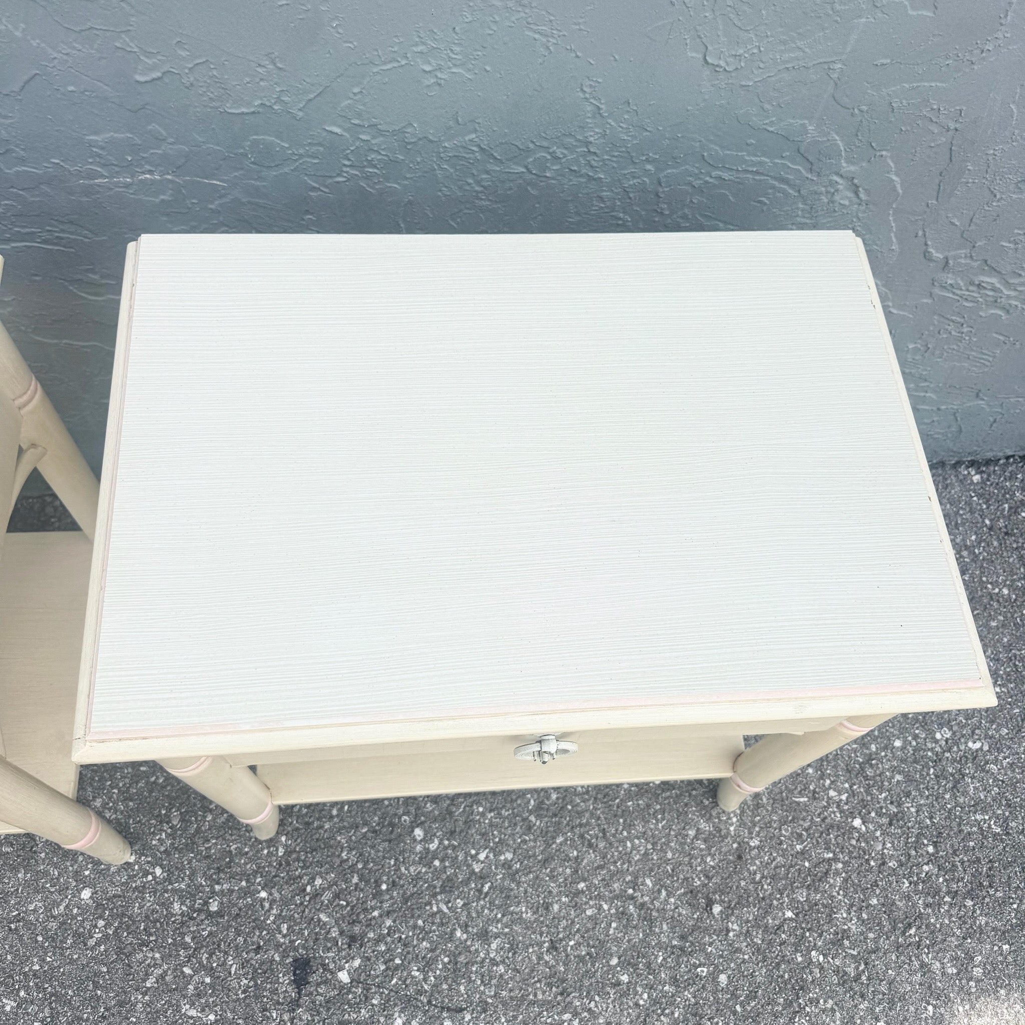 Vintage Coastal Faux Bamboo Cream and Pink Nightstands by Thomasville - A Pair Dolphin & Flamingo