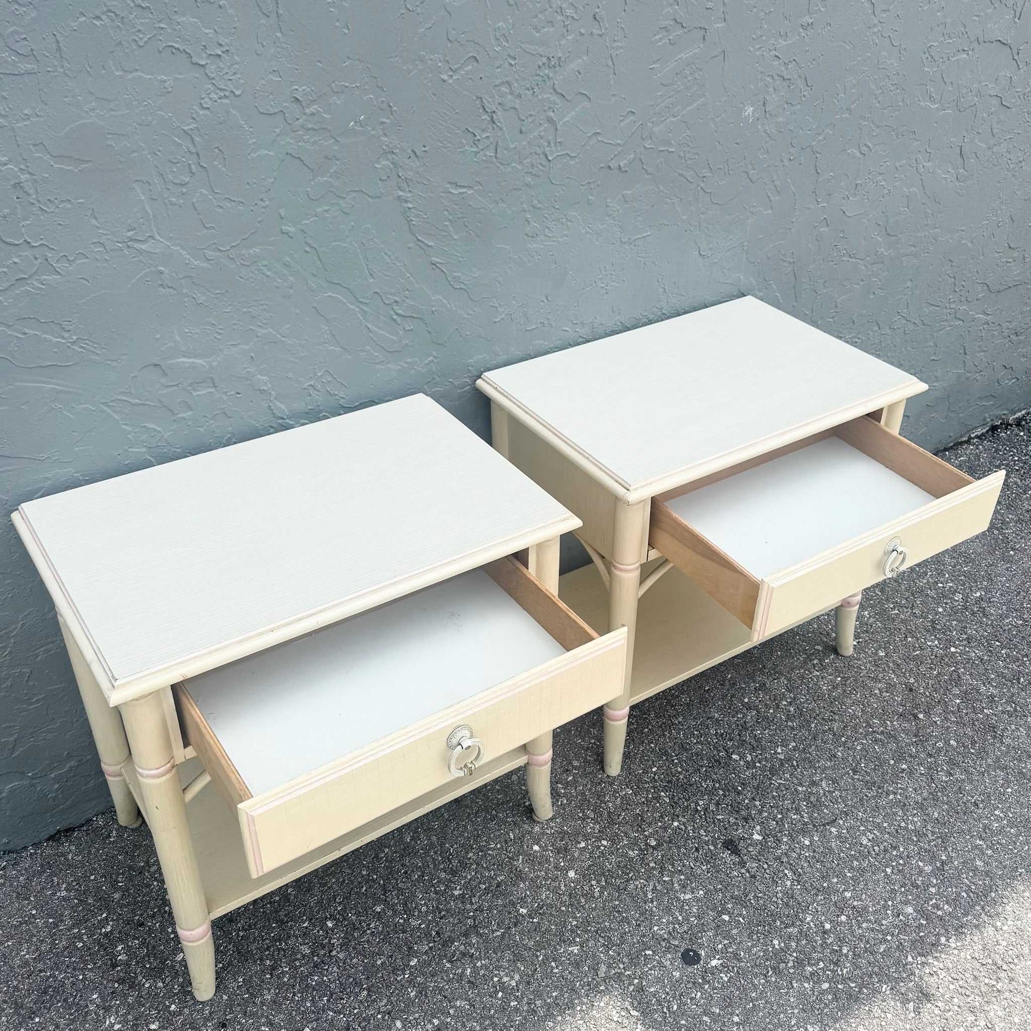 Vintage Coastal Faux Bamboo Cream and Pink Nightstands by Thomasville - A Pair Dolphin & Flamingo