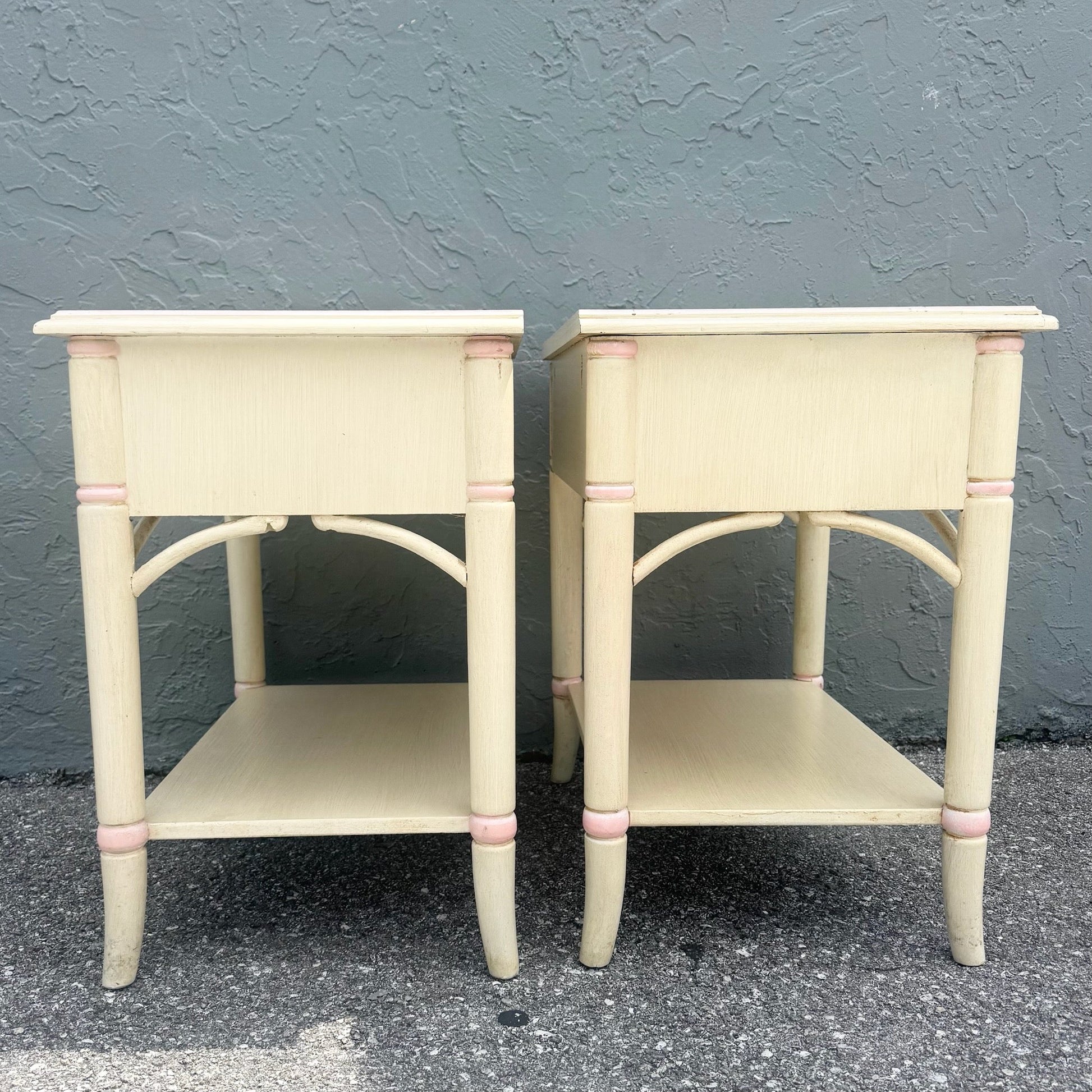 Vintage Coastal Faux Bamboo Cream and Pink Nightstands by Thomasville - A Pair Dolphin & Flamingo