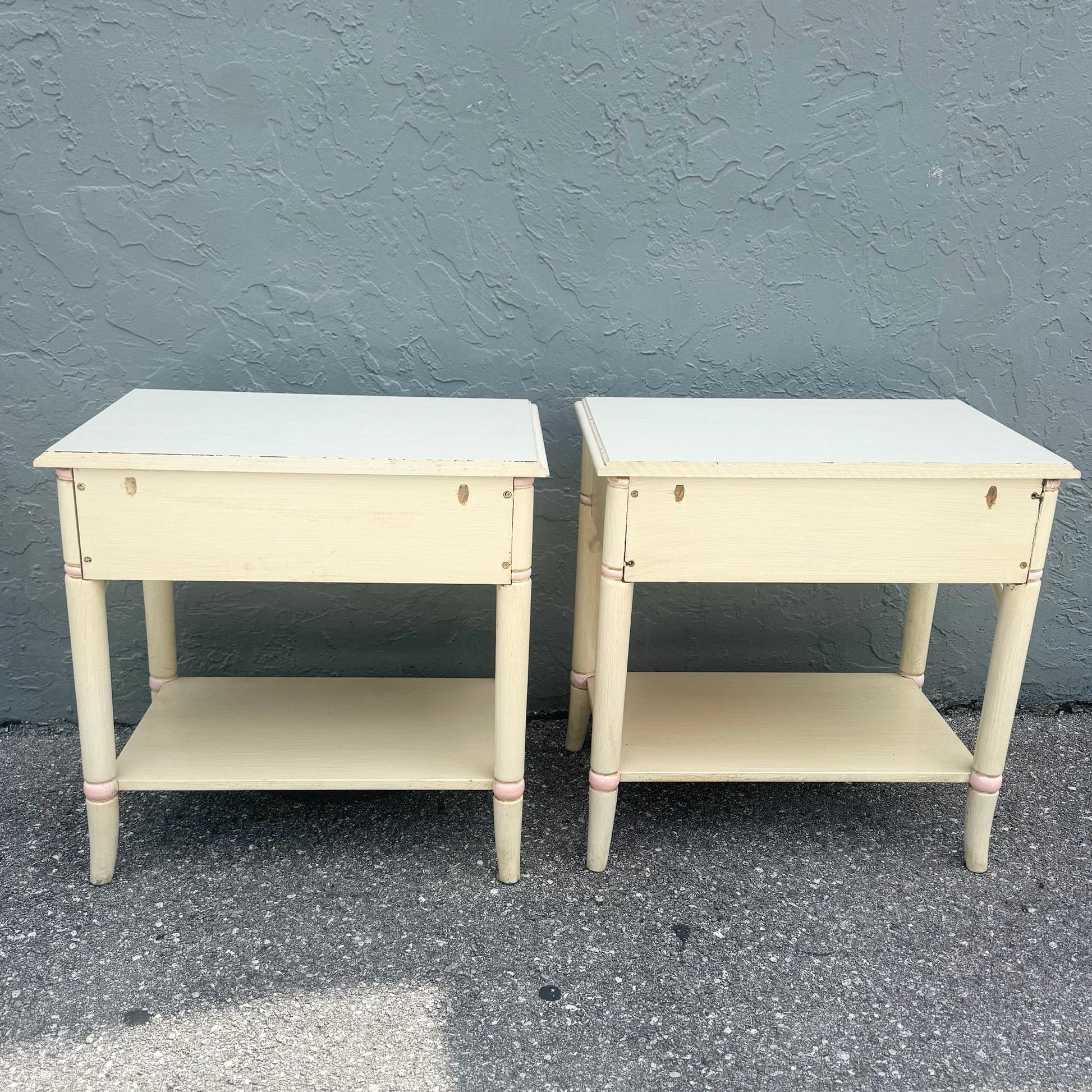 Vintage Coastal Faux Bamboo Cream and Pink Nightstands by Thomasville - A Pair Dolphin & Flamingo