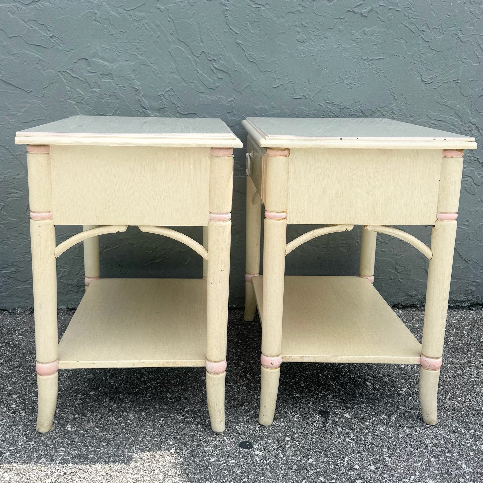 Vintage Coastal Faux Bamboo Cream and Pink Nightstands by Thomasville - A Pair Dolphin & Flamingo