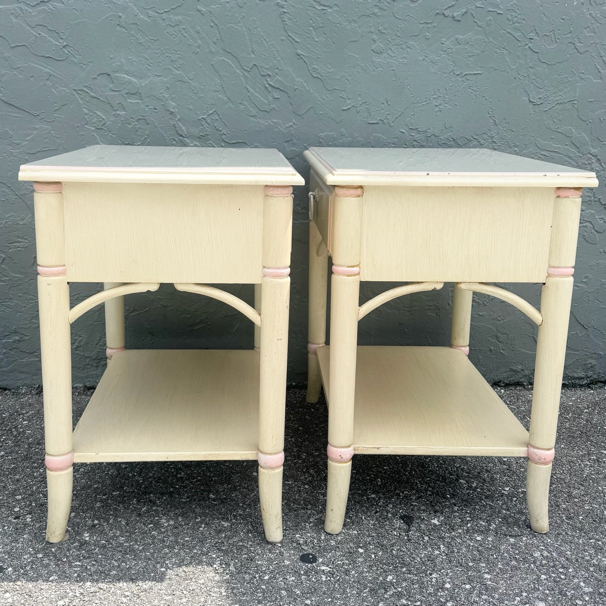 Vintage Coastal Faux Bamboo Cream and Pink Nightstands by Thomasville - A Pair Dolphin & Flamingo