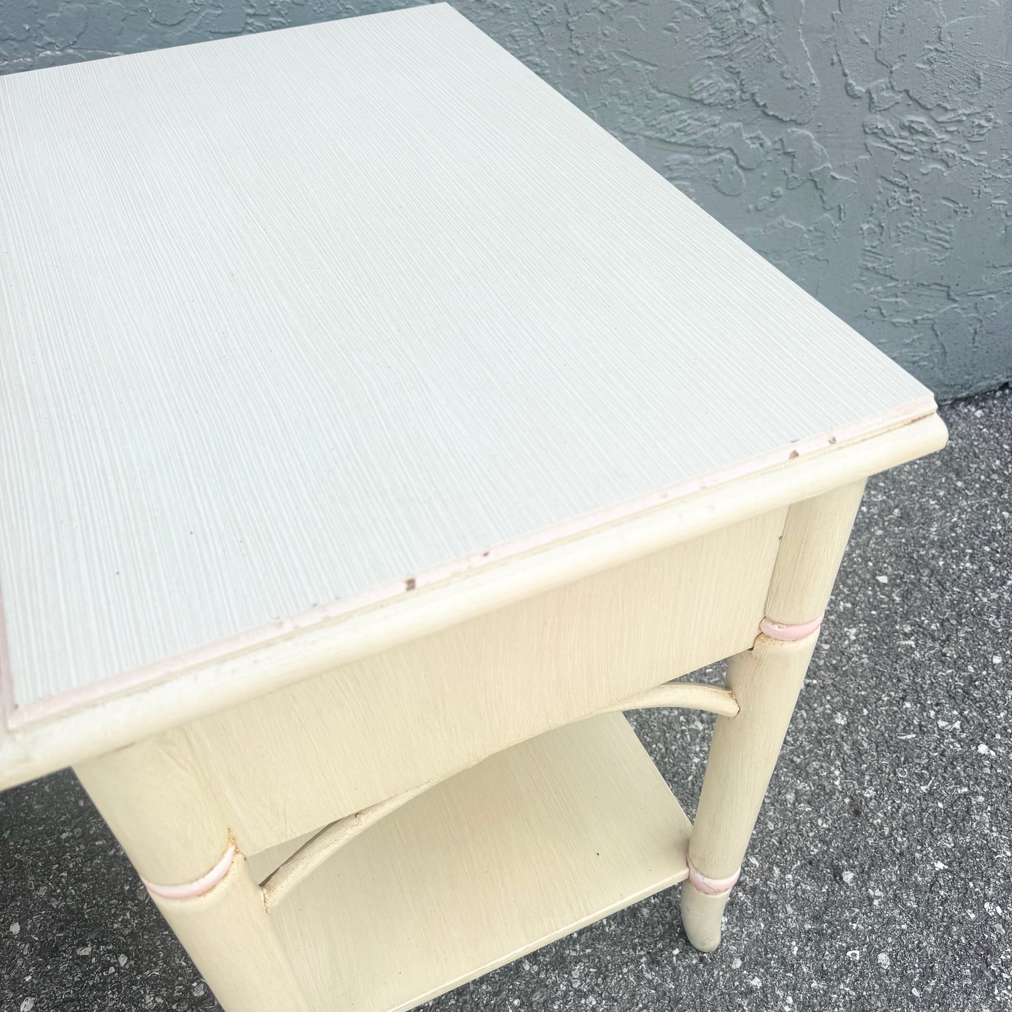 Vintage Coastal Faux Bamboo Cream and Pink Nightstands by Thomasville - A Pair Dolphin & Flamingo