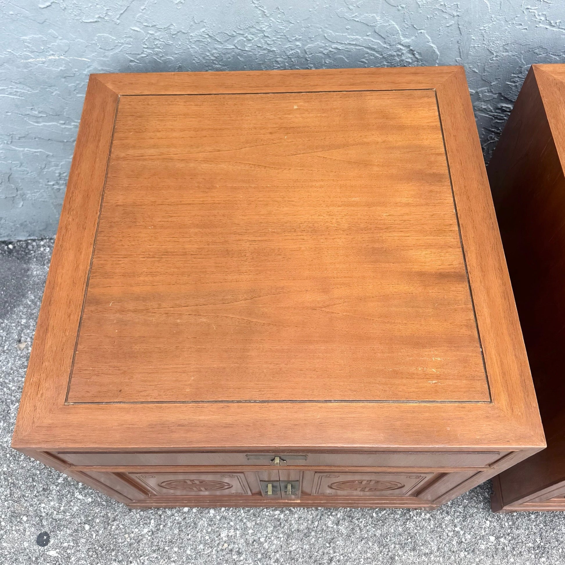 Taiwanese Walnut Cubic Side Tables/Nighstands by Ricardo Lynn - A Pair Dolphin & Flamingo