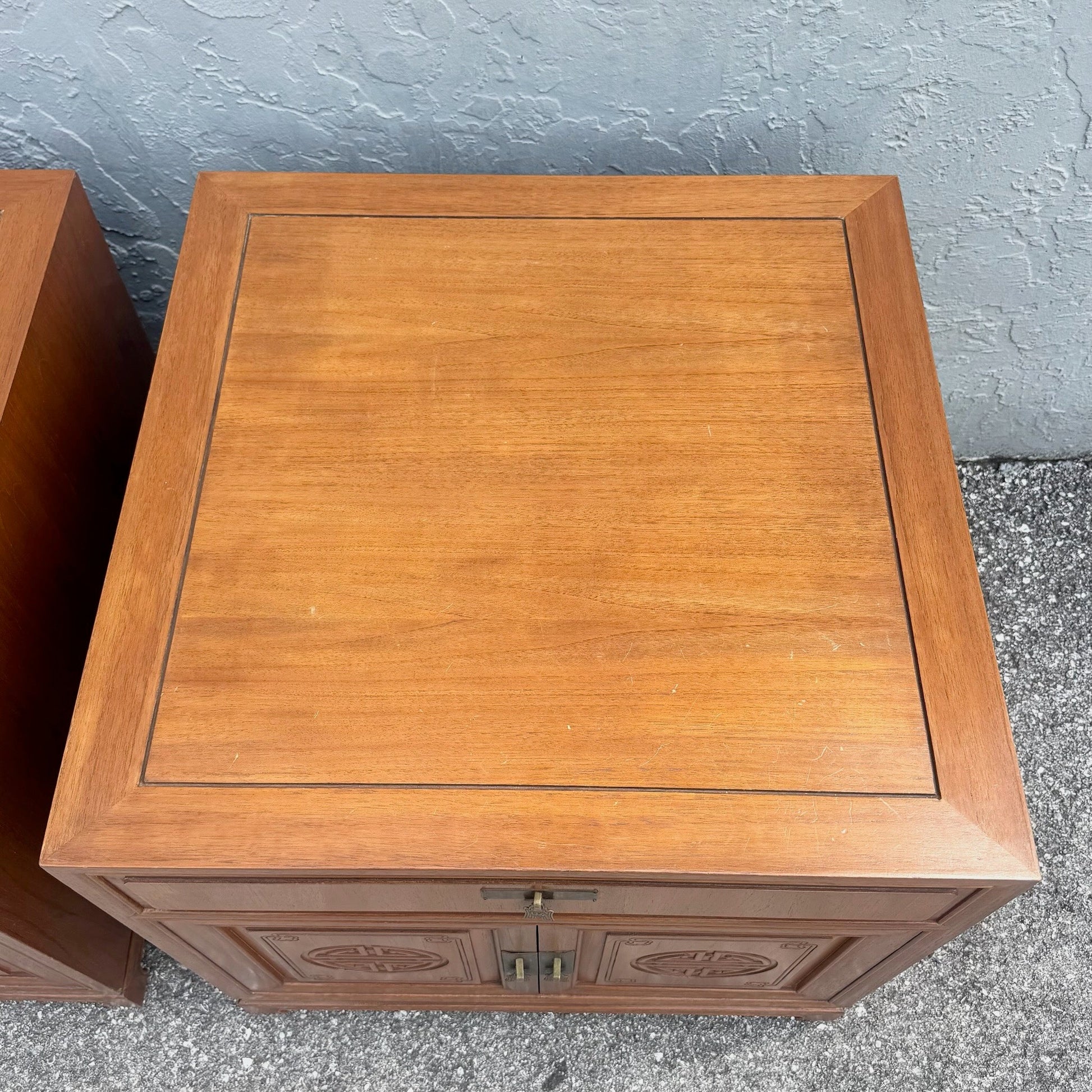 Taiwanese Walnut Cubic Side Tables/Nighstands by Ricardo Lynn - A Pair Dolphin & Flamingo