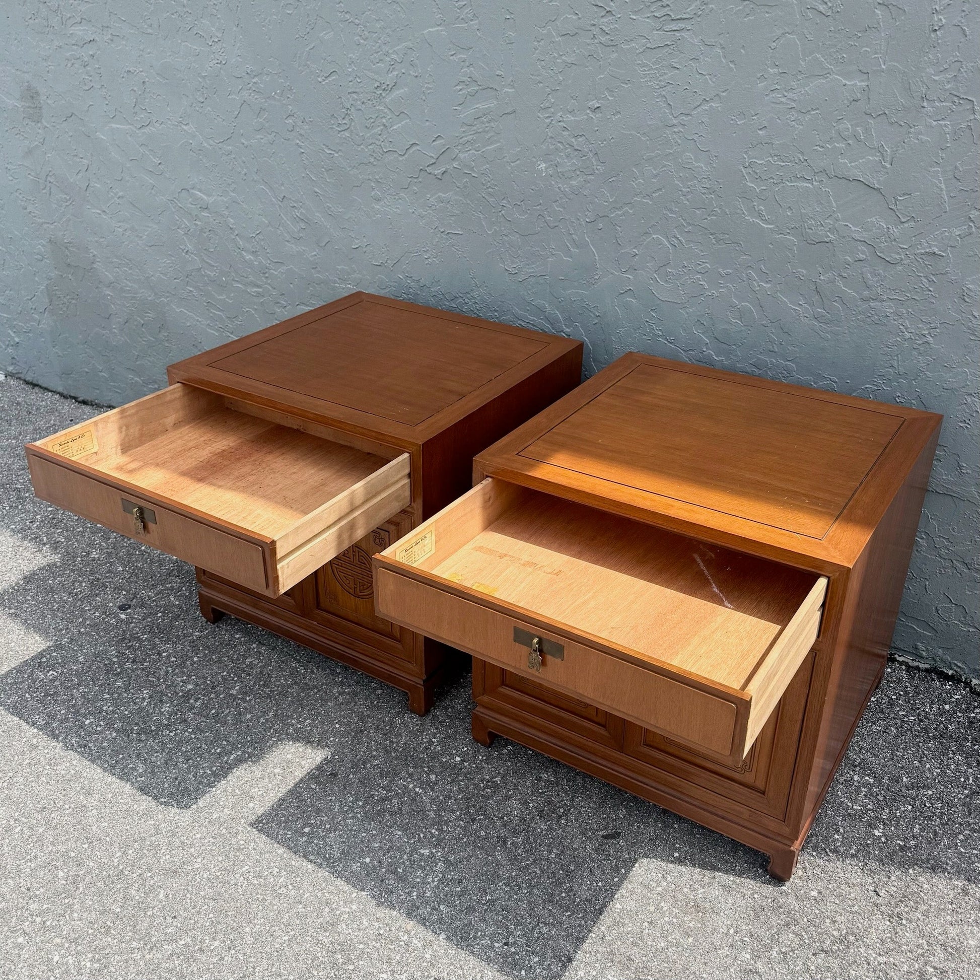 Taiwanese Walnut Cubic Side Tables/Nighstands by Ricardo Lynn - A Pair Dolphin & Flamingo
