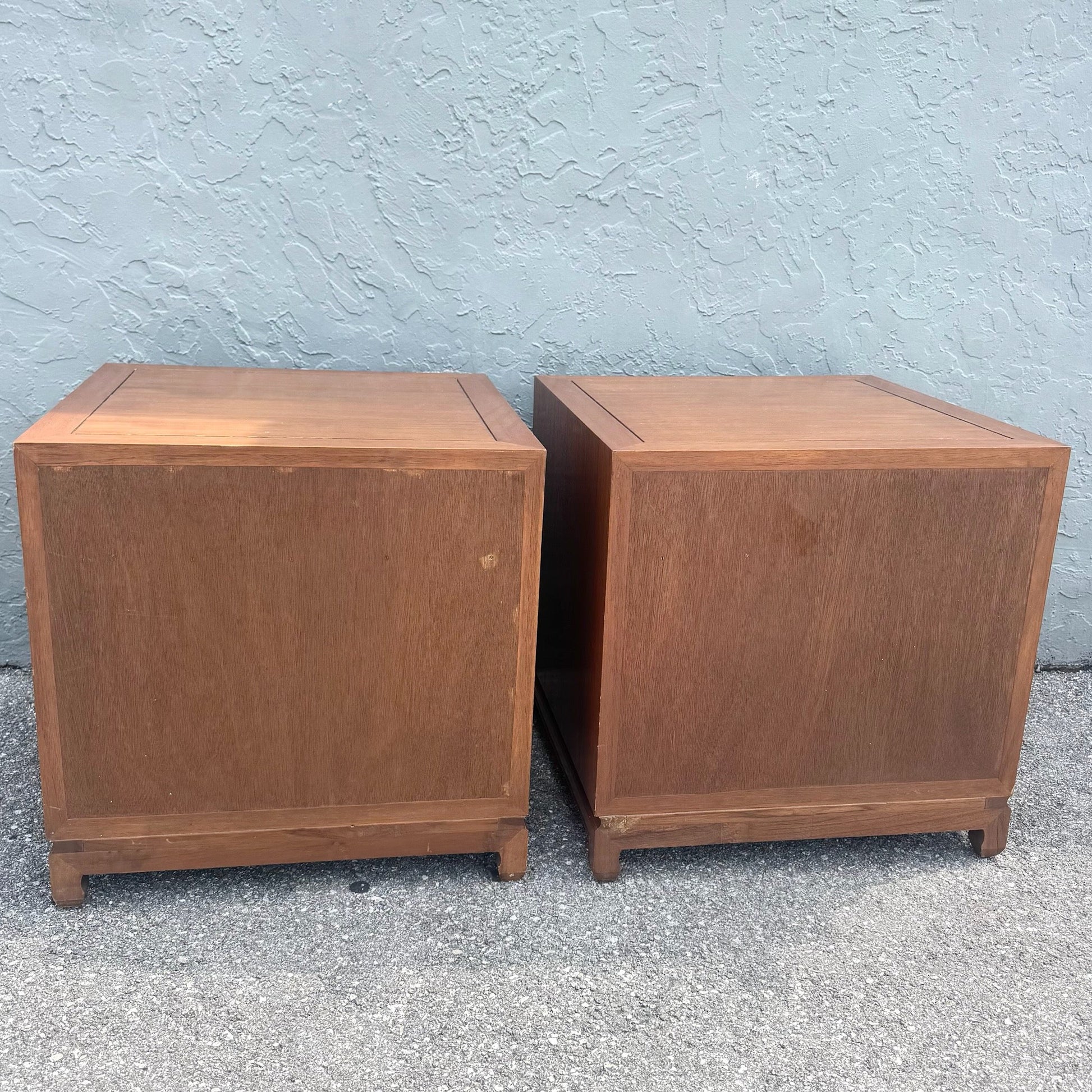 Taiwanese Walnut Cubic Side Tables/Nighstands by Ricardo Lynn - A Pair Dolphin & Flamingo