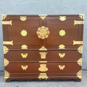 Vintage Chinese Wooden Highboy Armoire With Gold Accents Dolphin & Flamingo