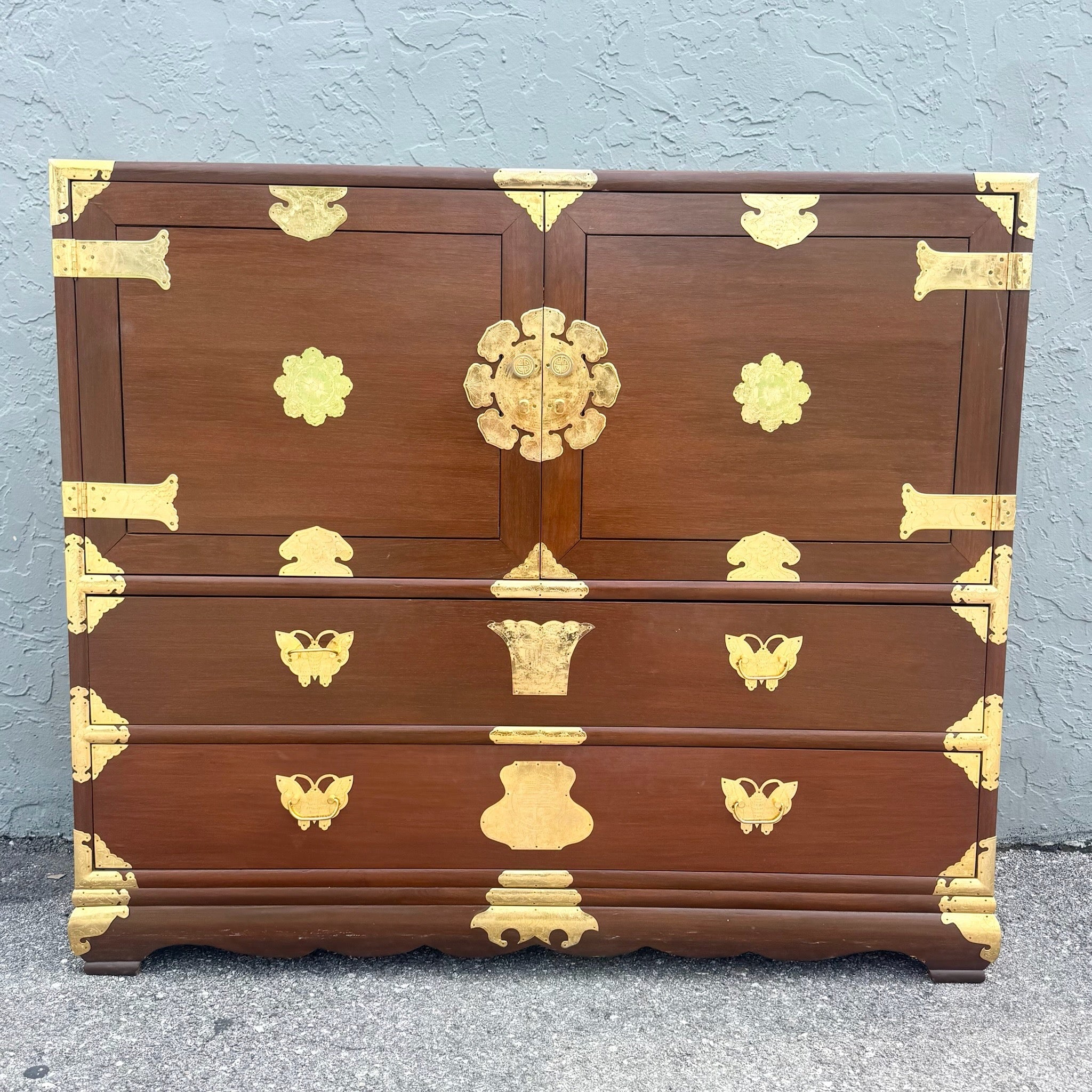 Vintage Chinese Wooden Highboy Armoire With Gold Accents Dolphin & Flamingo