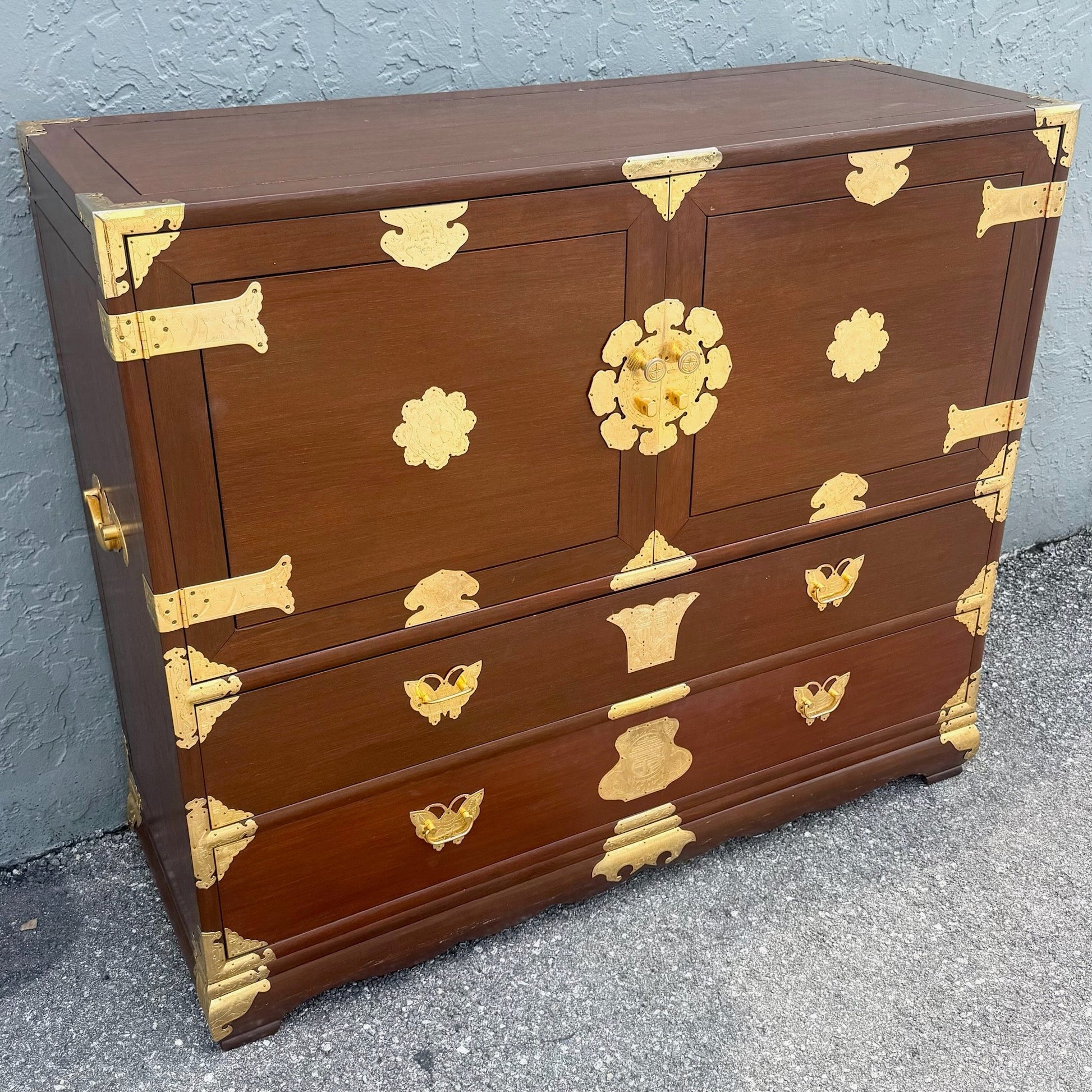 Vintage Chinese Wooden Highboy Armoire With Gold Accents Dolphin & Flamingo