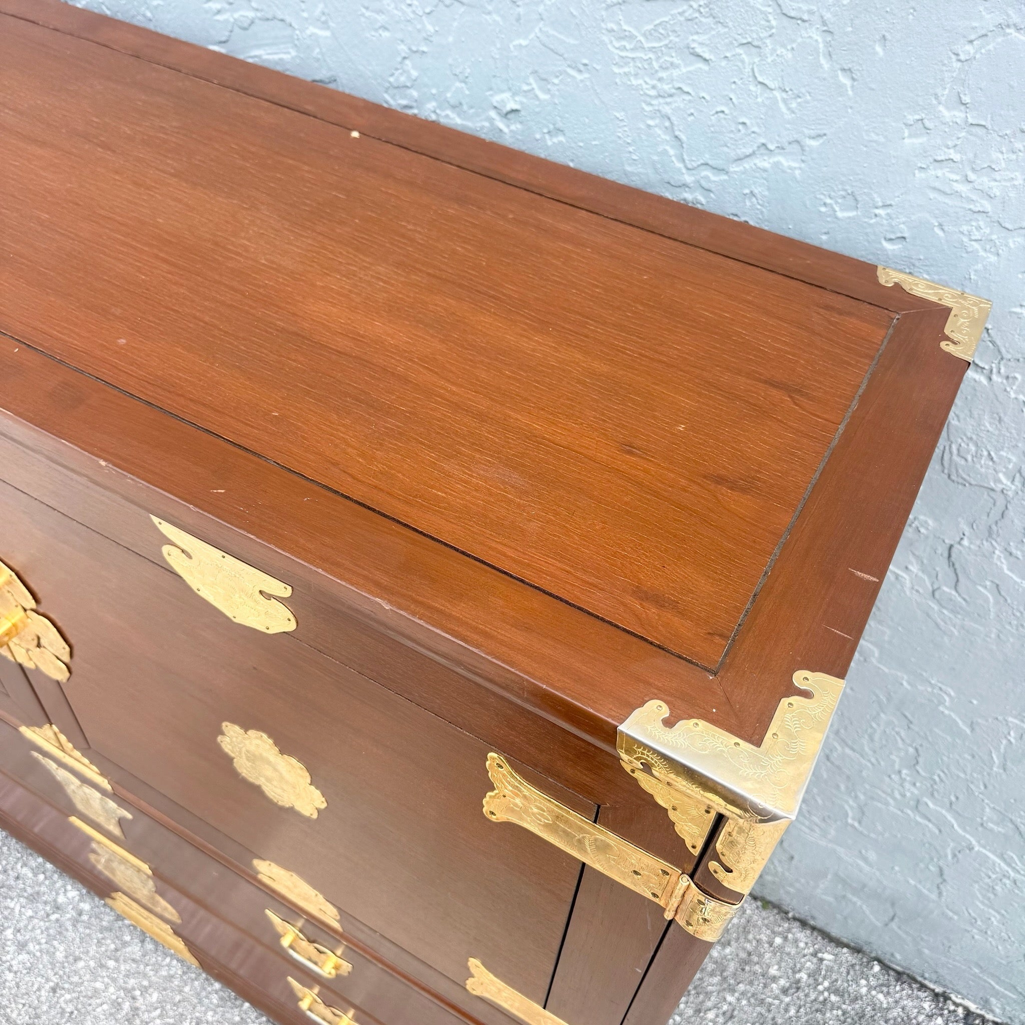 Vintage Chinese Wooden Highboy Armoire With Gold Accents Dolphin & Flamingo