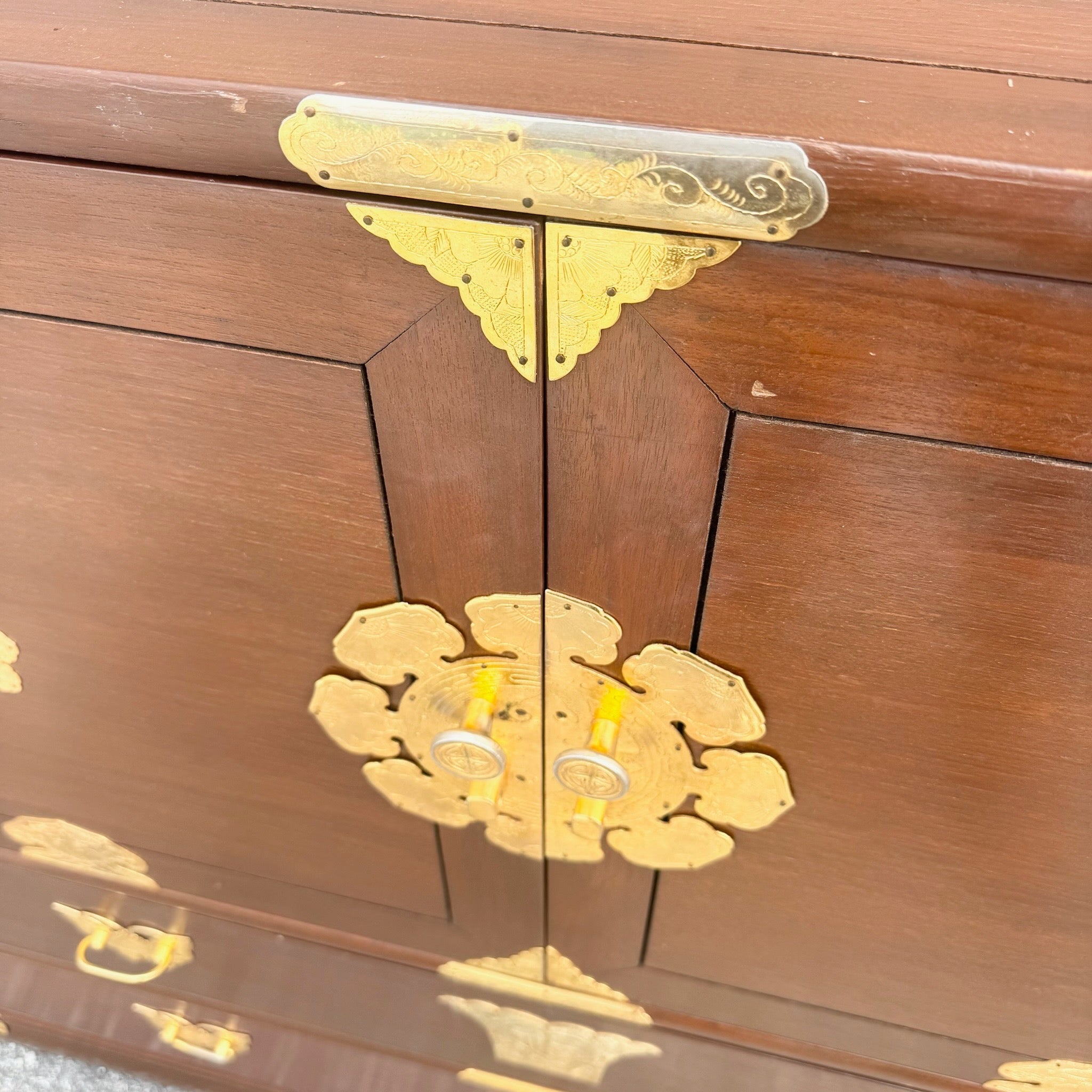 Vintage Chinese Wooden Highboy Armoire With Gold Accents Dolphin & Flamingo