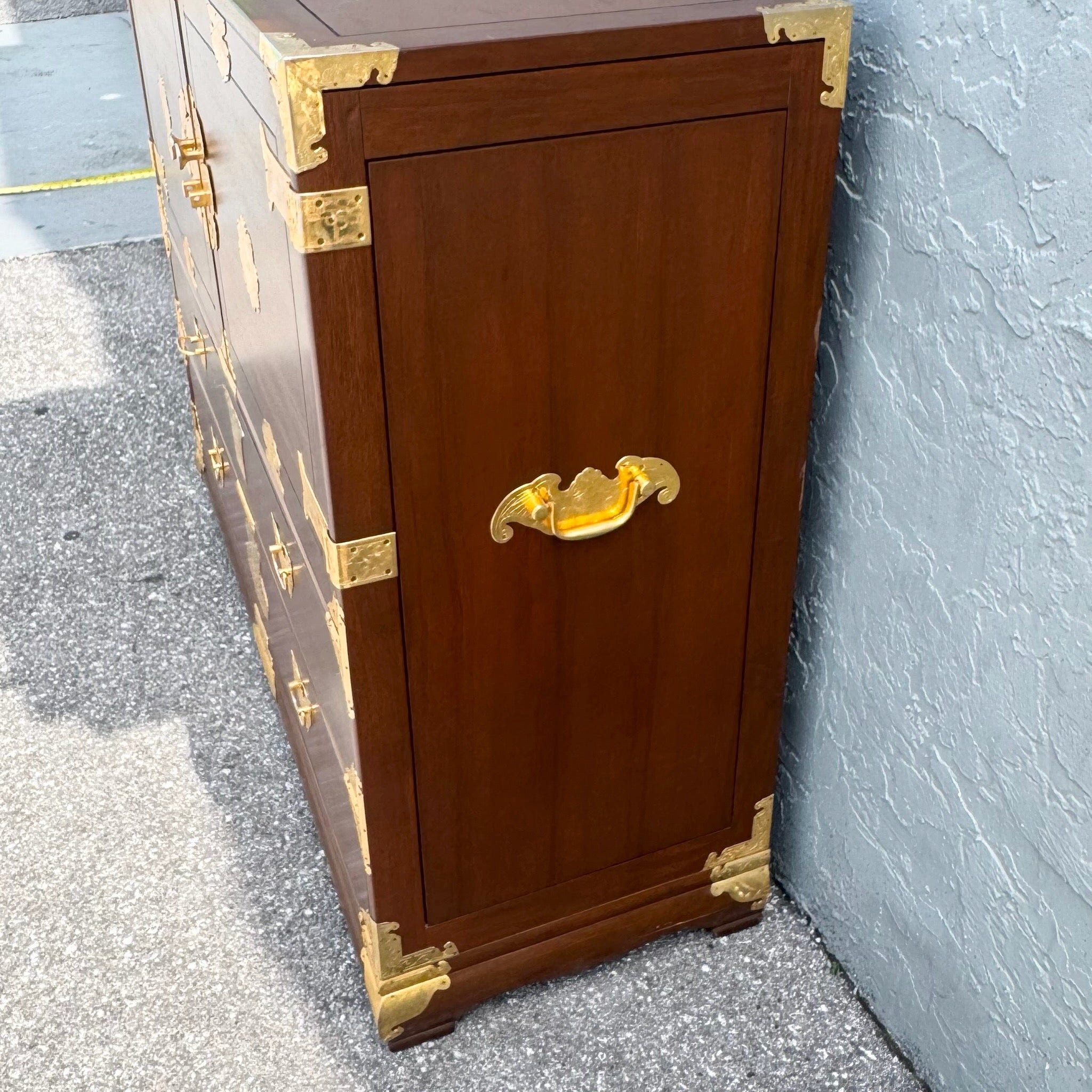 Vintage Chinese Wooden Highboy Armoire With Gold Accents Dolphin & Flamingo