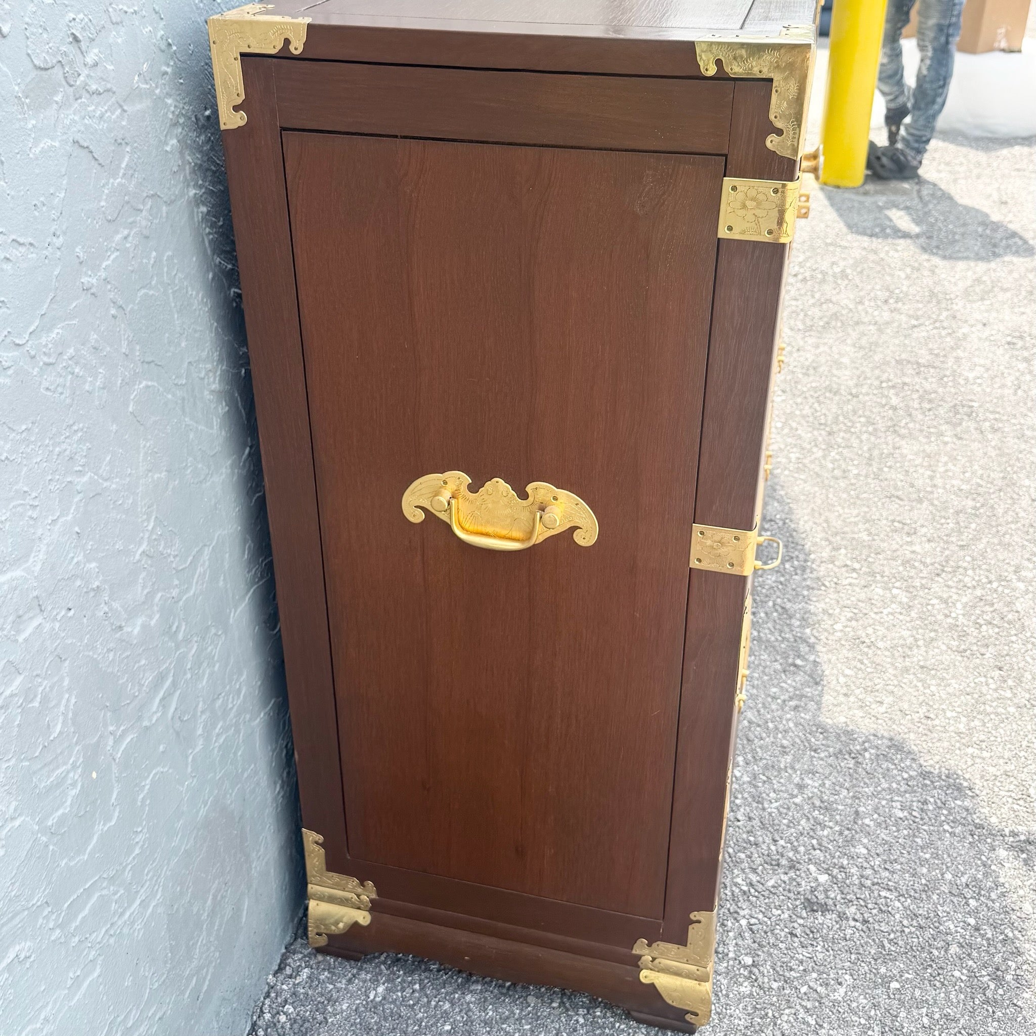 Vintage Chinese Wooden Highboy Armoire With Gold Accents Dolphin & Flamingo