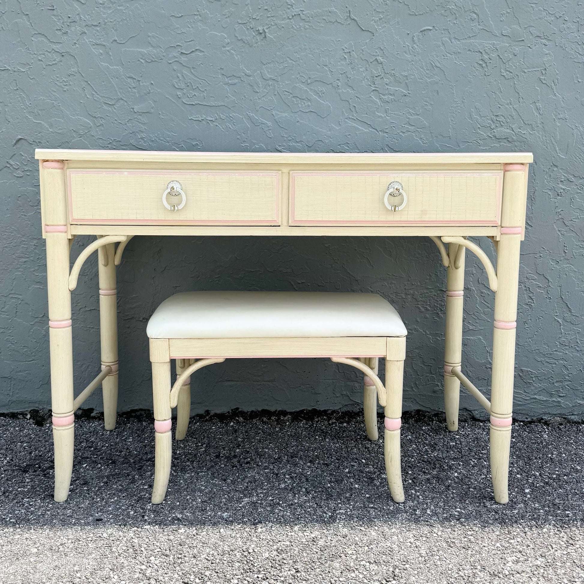 Vintage Coastal Pink and Cream Faux Bamboo Writing Desk With Low Stool by Thomasville Dolphin & Flamingo