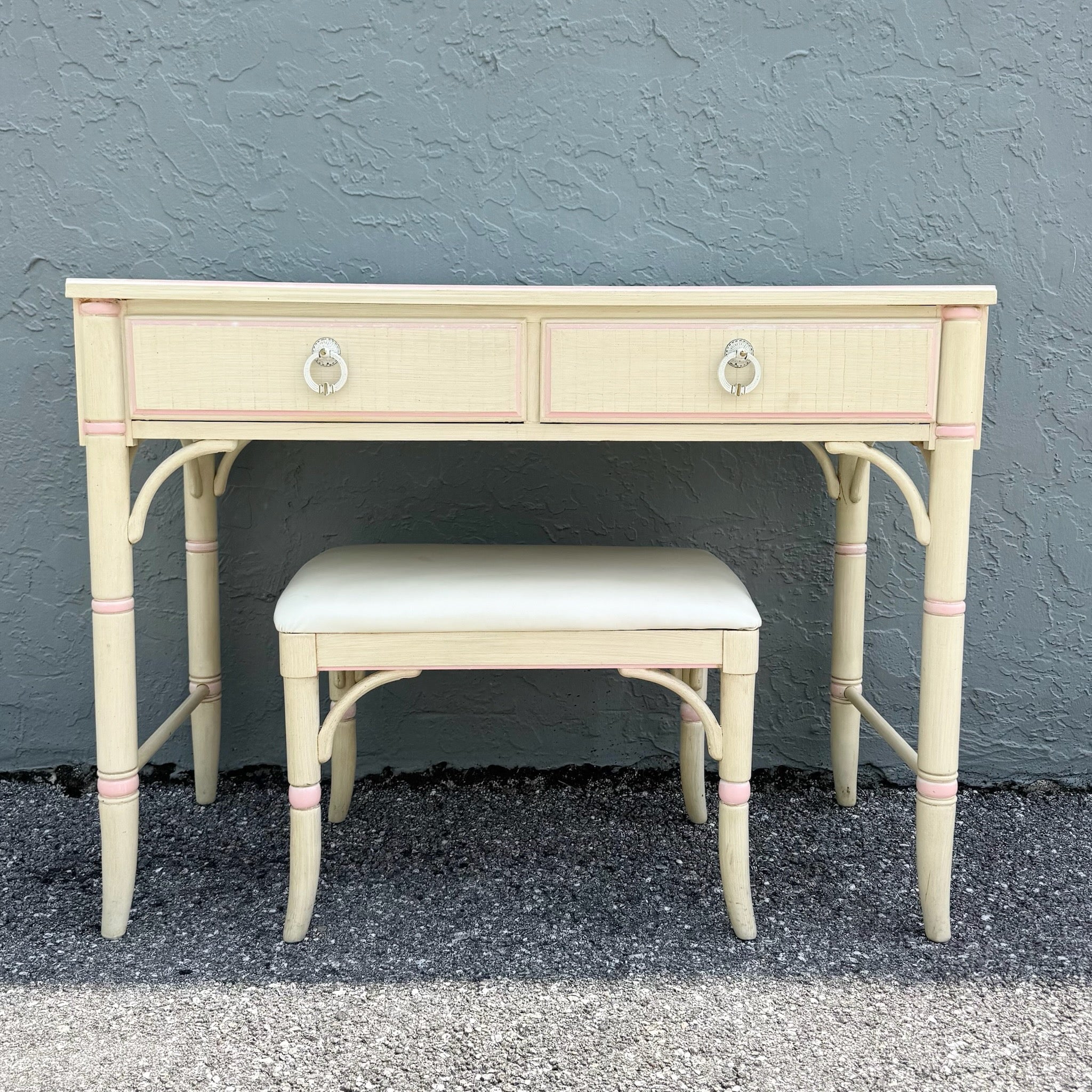 Vintage Coastal Pink and Cream Faux Bamboo Writing Desk With Low Stool by Thomasville Dolphin & Flamingo