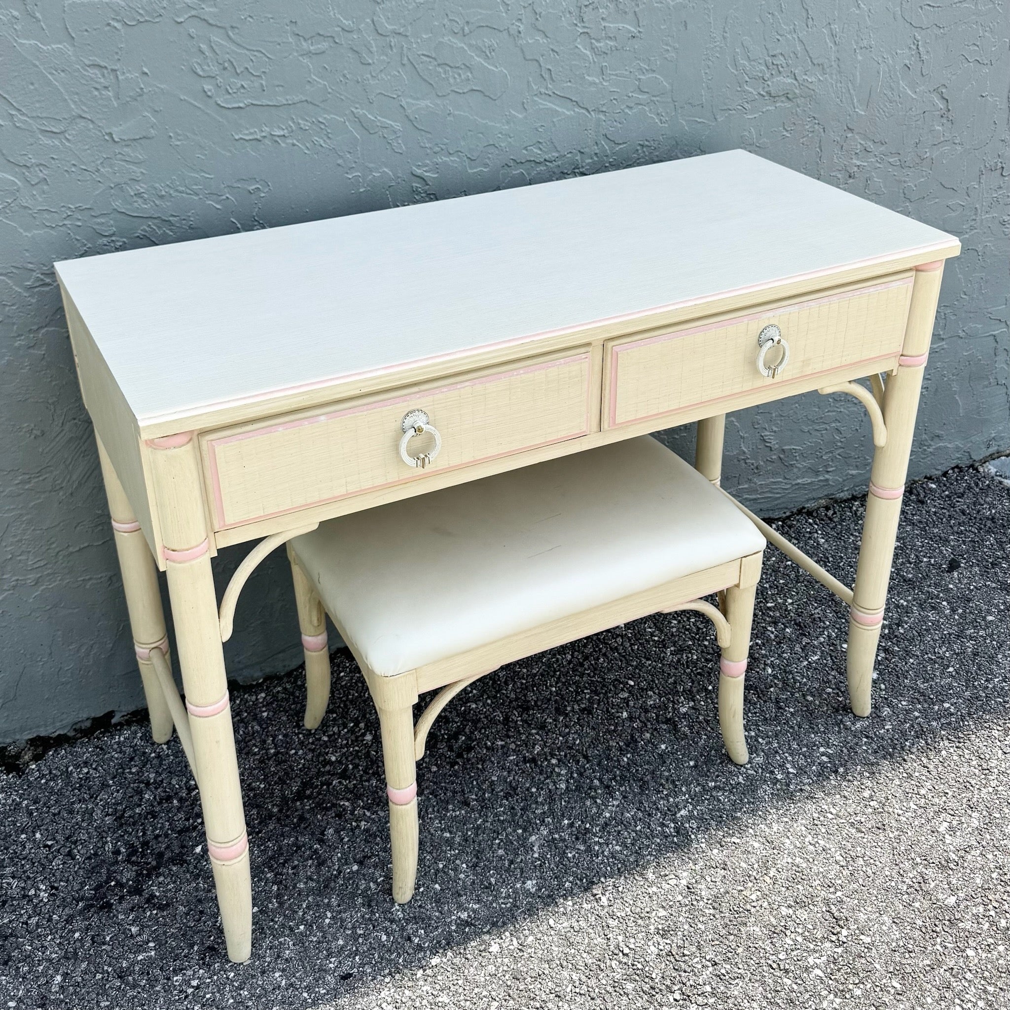 Vintage Coastal Pink and Cream Faux Bamboo Writing Desk With Low Stool by Thomasville Dolphin & Flamingo
