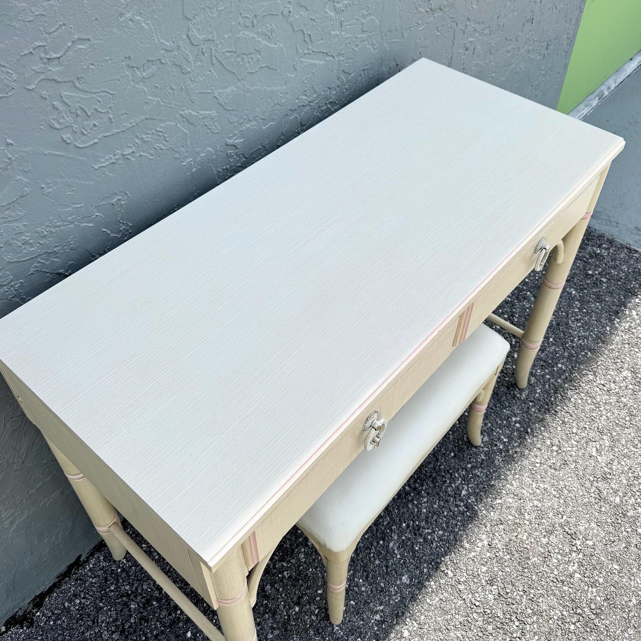 Vintage Coastal Pink and Cream Faux Bamboo Writing Desk With Low Stool by Thomasville Dolphin & Flamingo