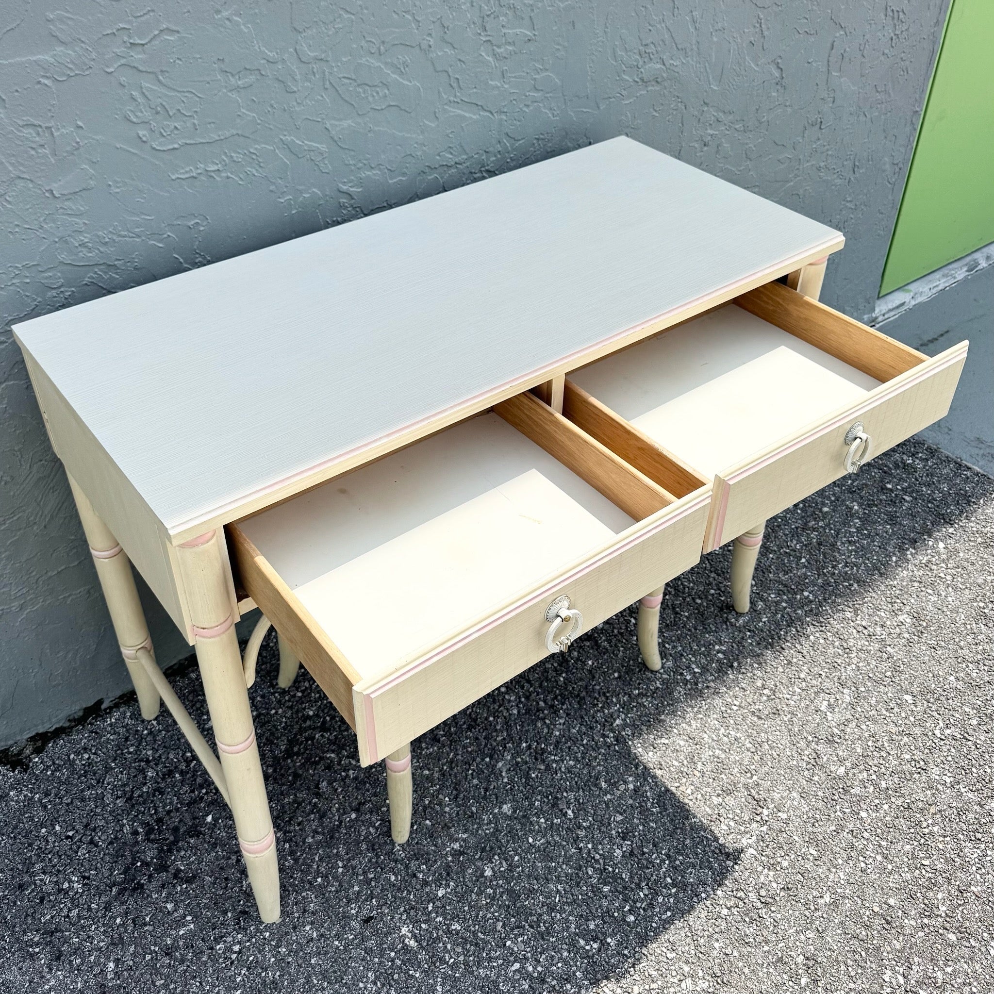 Vintage Coastal Pink and Cream Faux Bamboo Writing Desk With Low Stool by Thomasville Dolphin & Flamingo