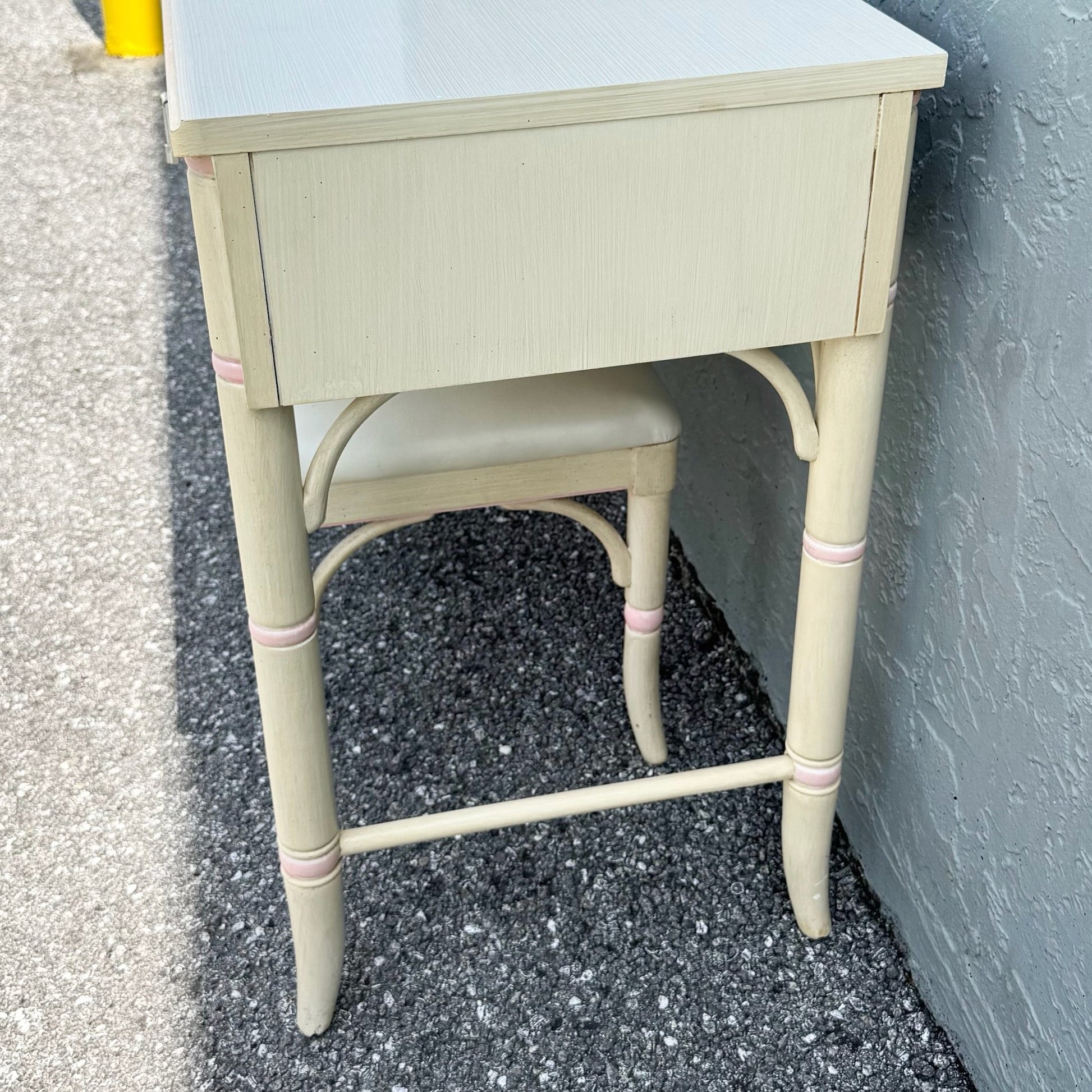 Vintage Coastal Pink and Cream Faux Bamboo Writing Desk With Low Stool by Thomasville Dolphin & Flamingo