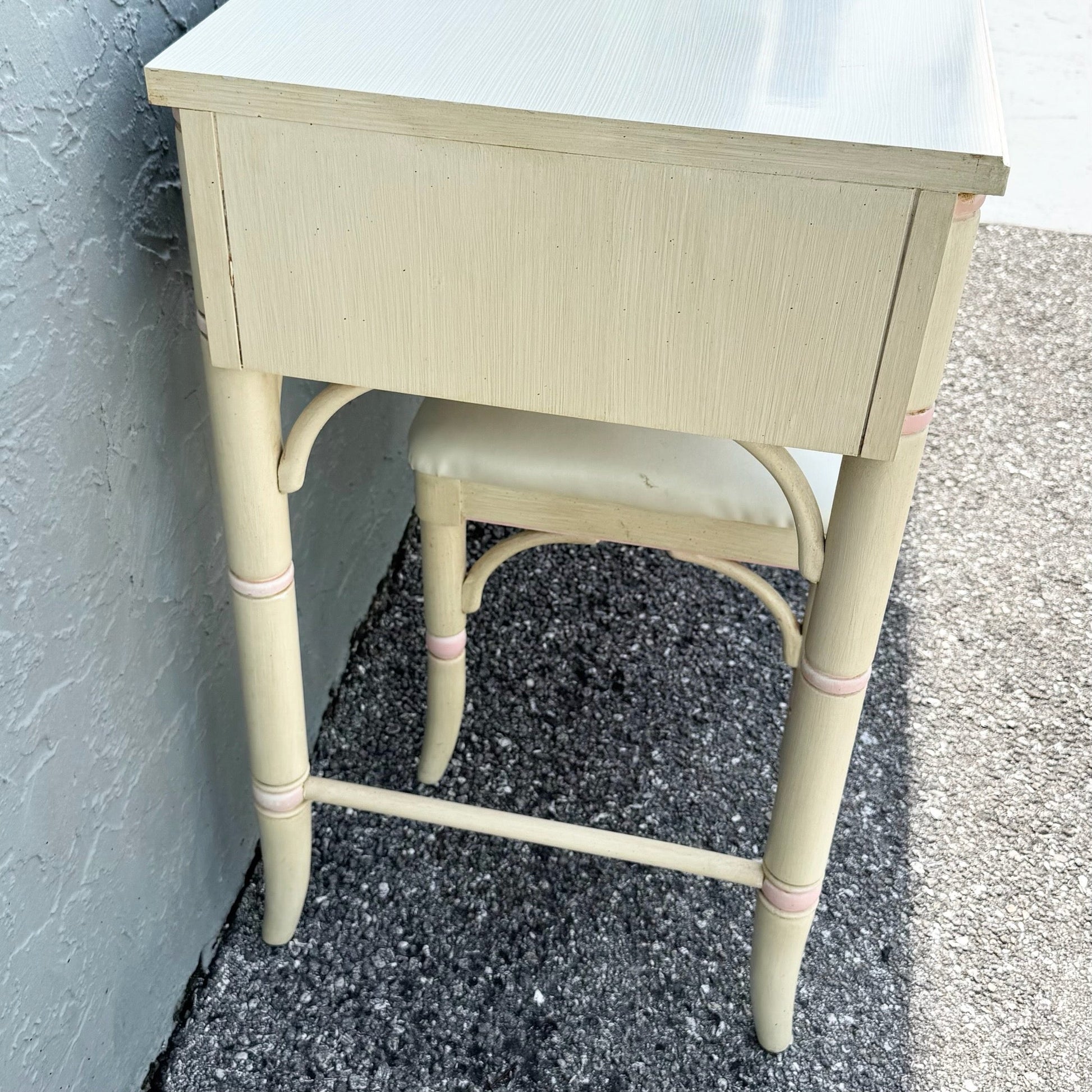 Vintage Coastal Pink and Cream Faux Bamboo Writing Desk With Low Stool by Thomasville Dolphin & Flamingo